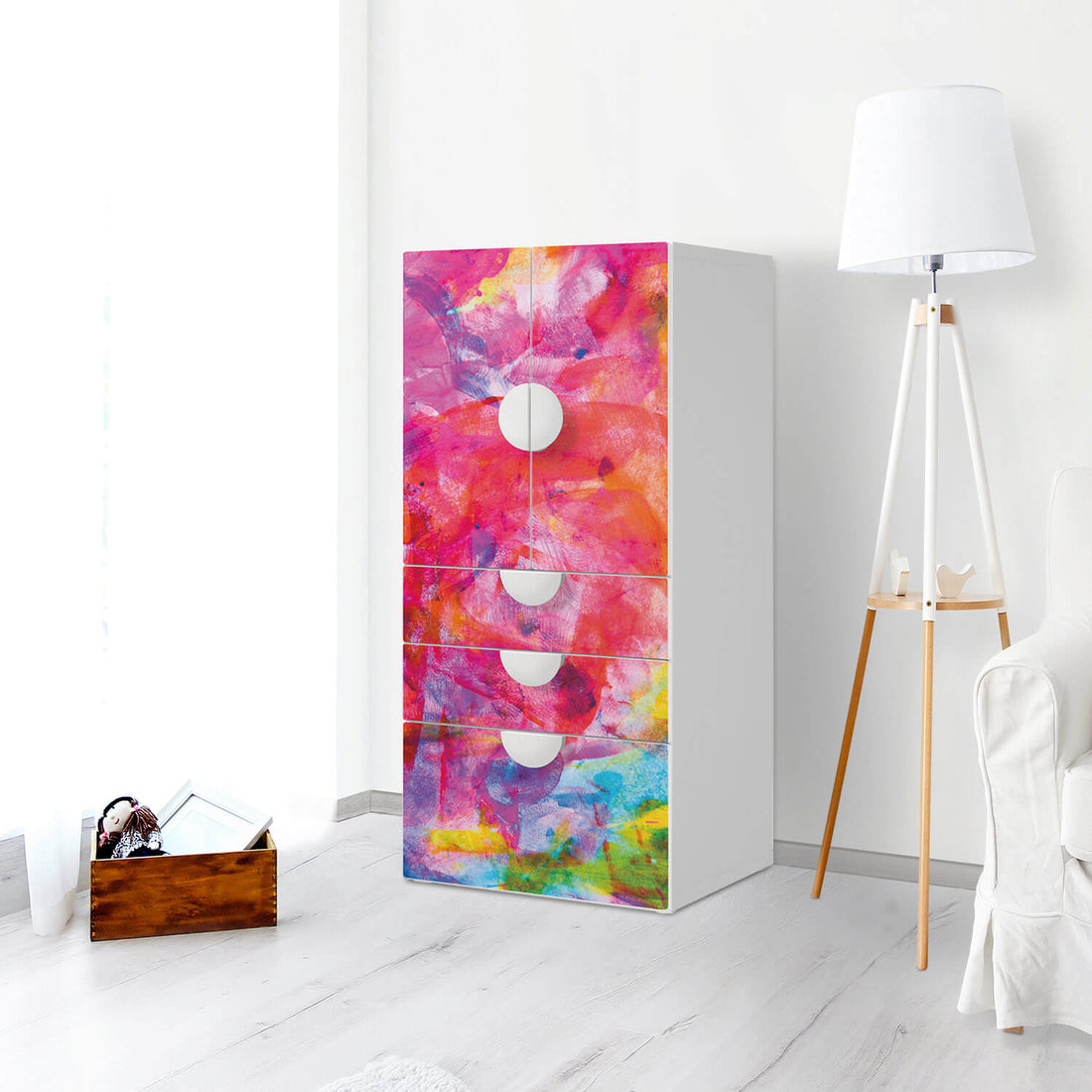 Möbelfolie Abstract Watercolor - IKEA Smastad kombiniert - 3 Schubladen und 2 kleine Türen - Kinderzimmer