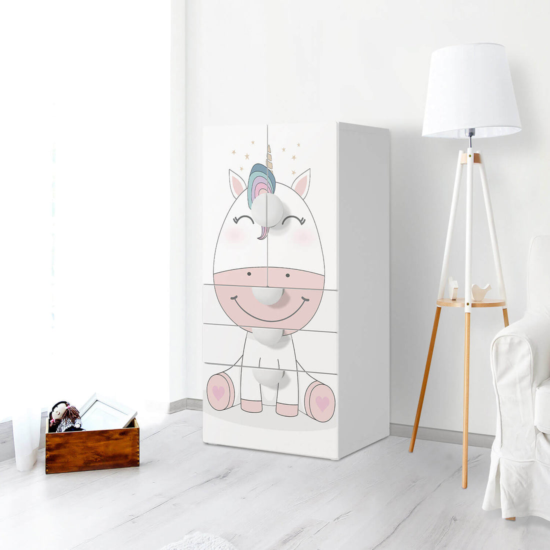 Möbelfolie Baby Unicorn - IKEA Smastad kombiniert - 3 Schubladen und 2 kleine Türen - Kinderzimmer