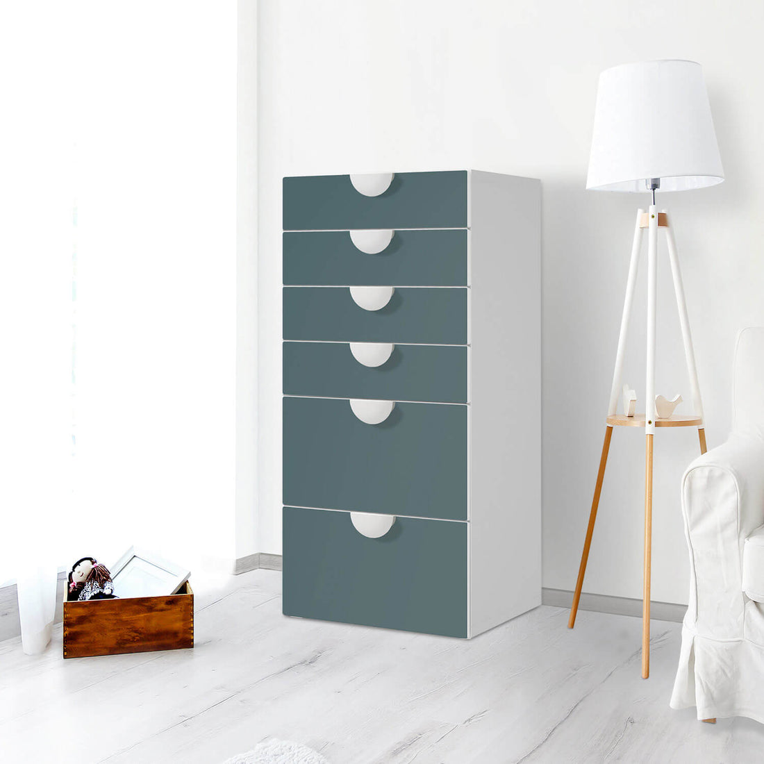 Klebefolie für Möbel Blaugrau Light - IKEA Smastad Kommode - 6 Schubladen - Kinderzimmer