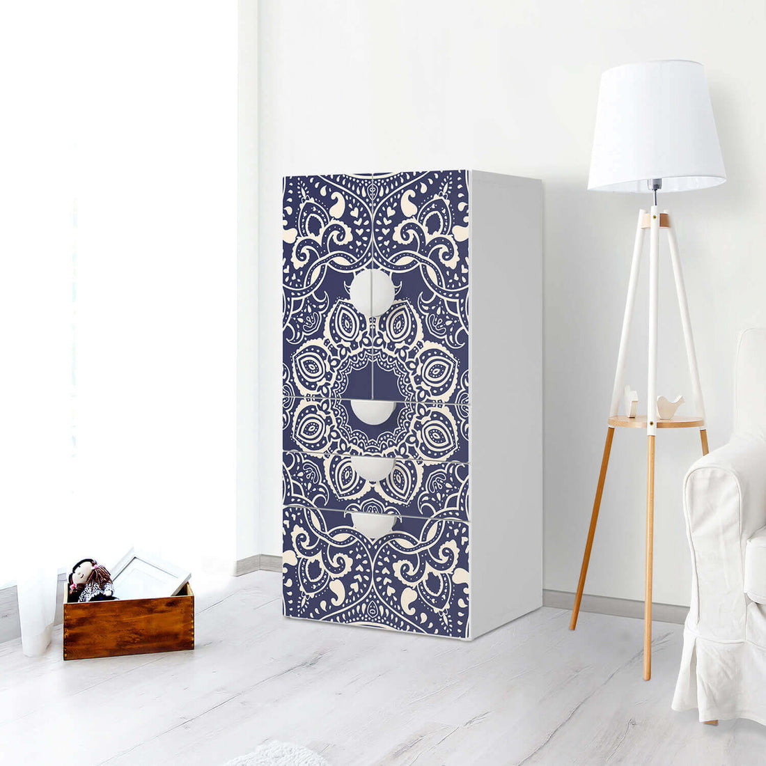 Möbelfolie Blue Mandala - IKEA Smastad kombiniert - 3 Schubladen und 2 kleine Türen - Kinderzimmer