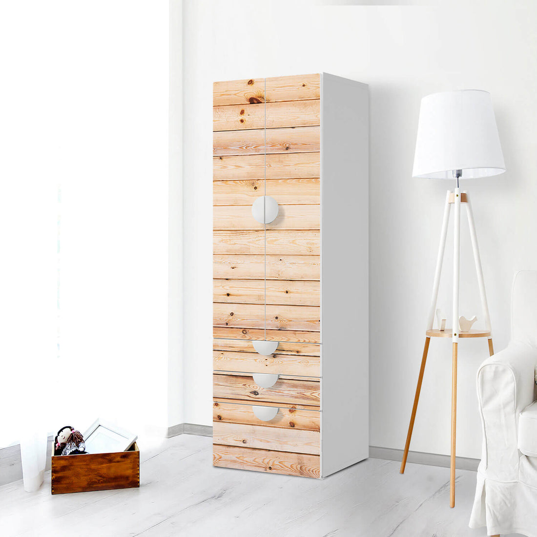 Klebefolie Bright Planks - IKEA Smastad kombiniert - 3 Schubladen und 2 große Türen - Kinderzimmer
