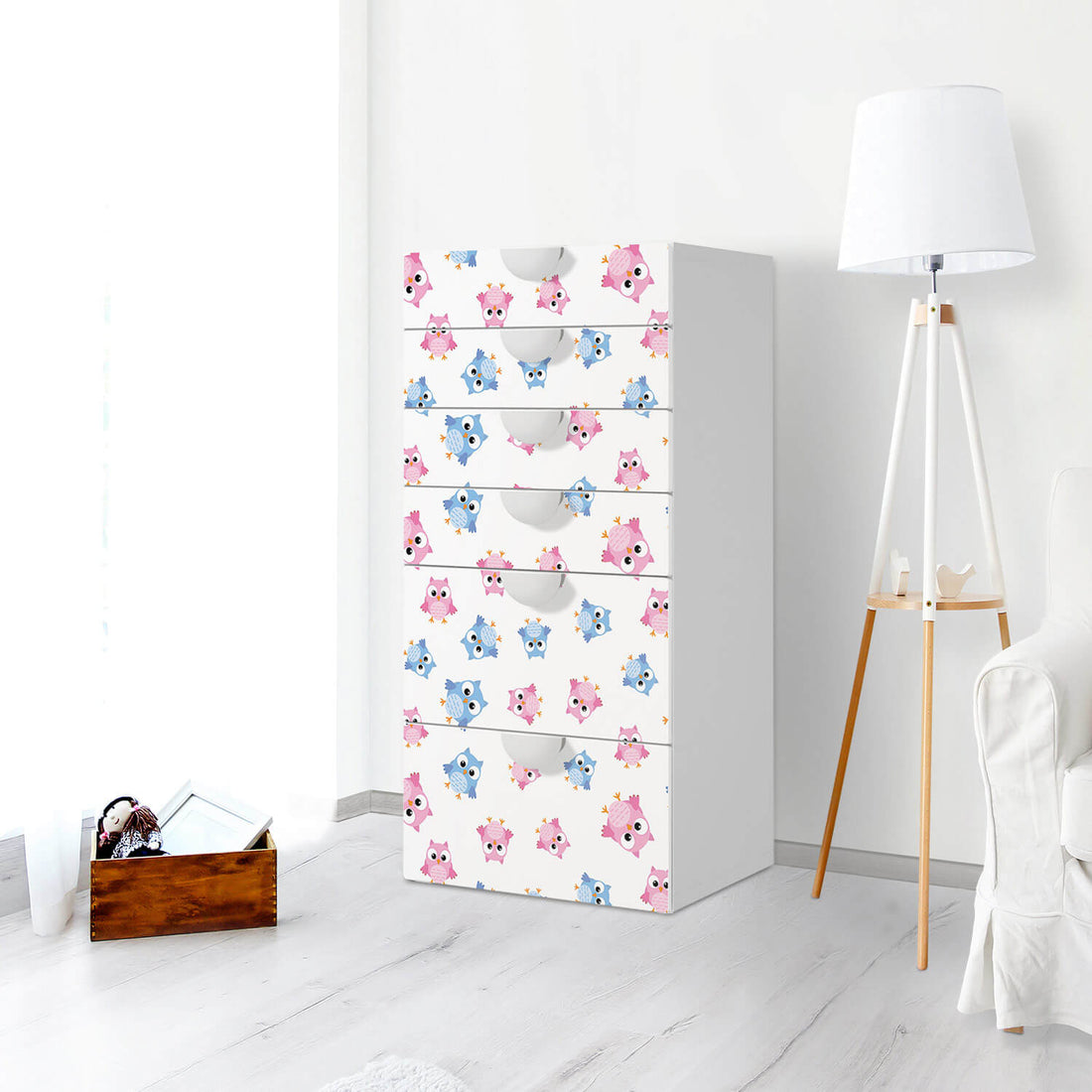 Klebefolie für Möbel Eulenparty - IKEA Smastad Kommode - 6 Schubladen - Kinderzimmer
