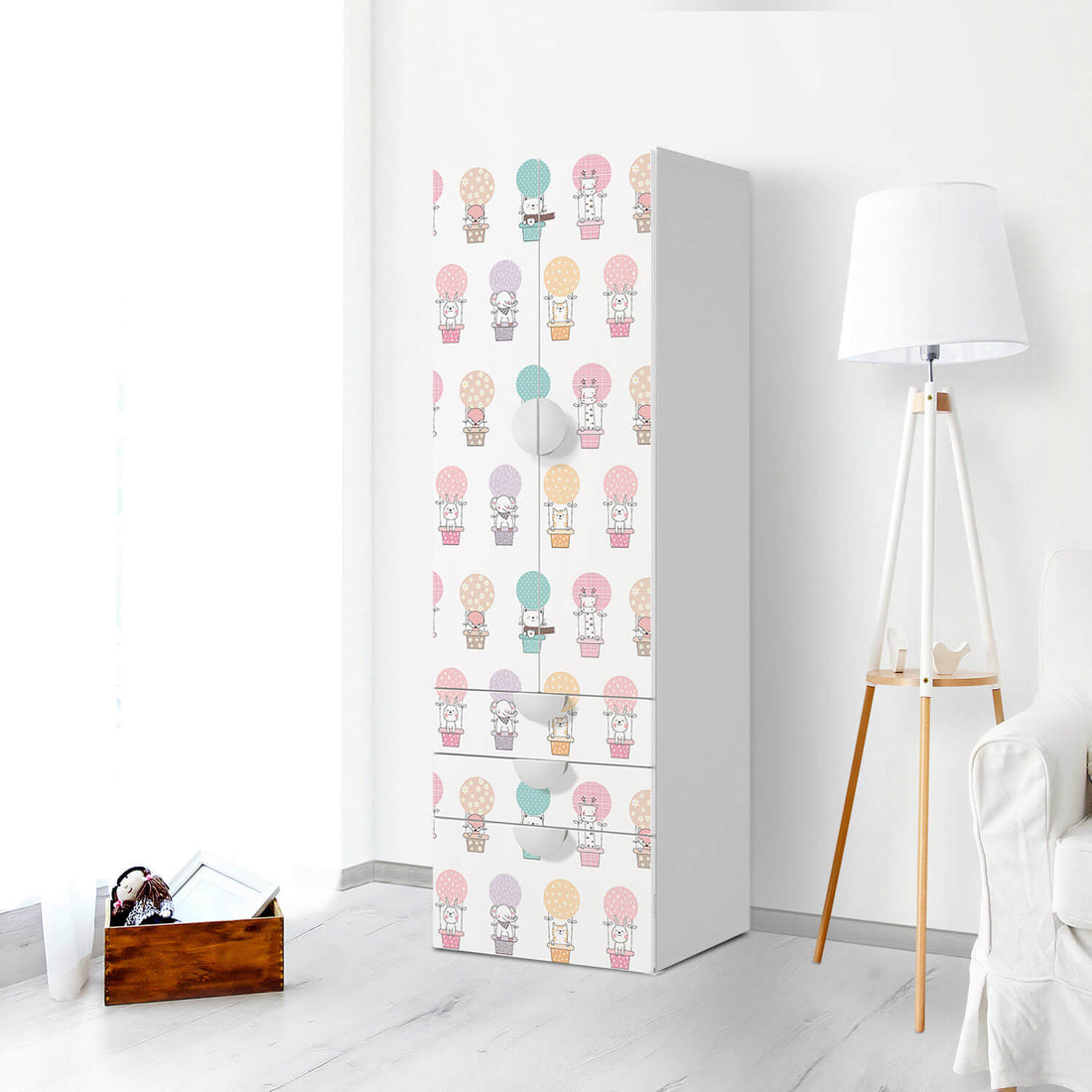 Klebefolie Flying Animals - IKEA Smastad kombiniert - 3 Schubladen und 2 große Türen - Kinderzimmer