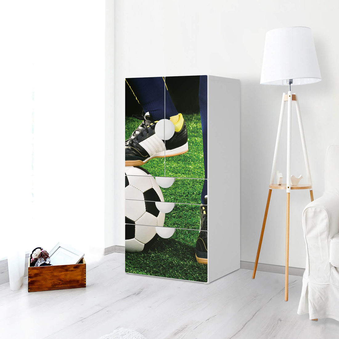 Möbelfolie Fussballstar - IKEA Smastad kombiniert - 3 Schubladen und 2 kleine Türen - Kinderzimmer