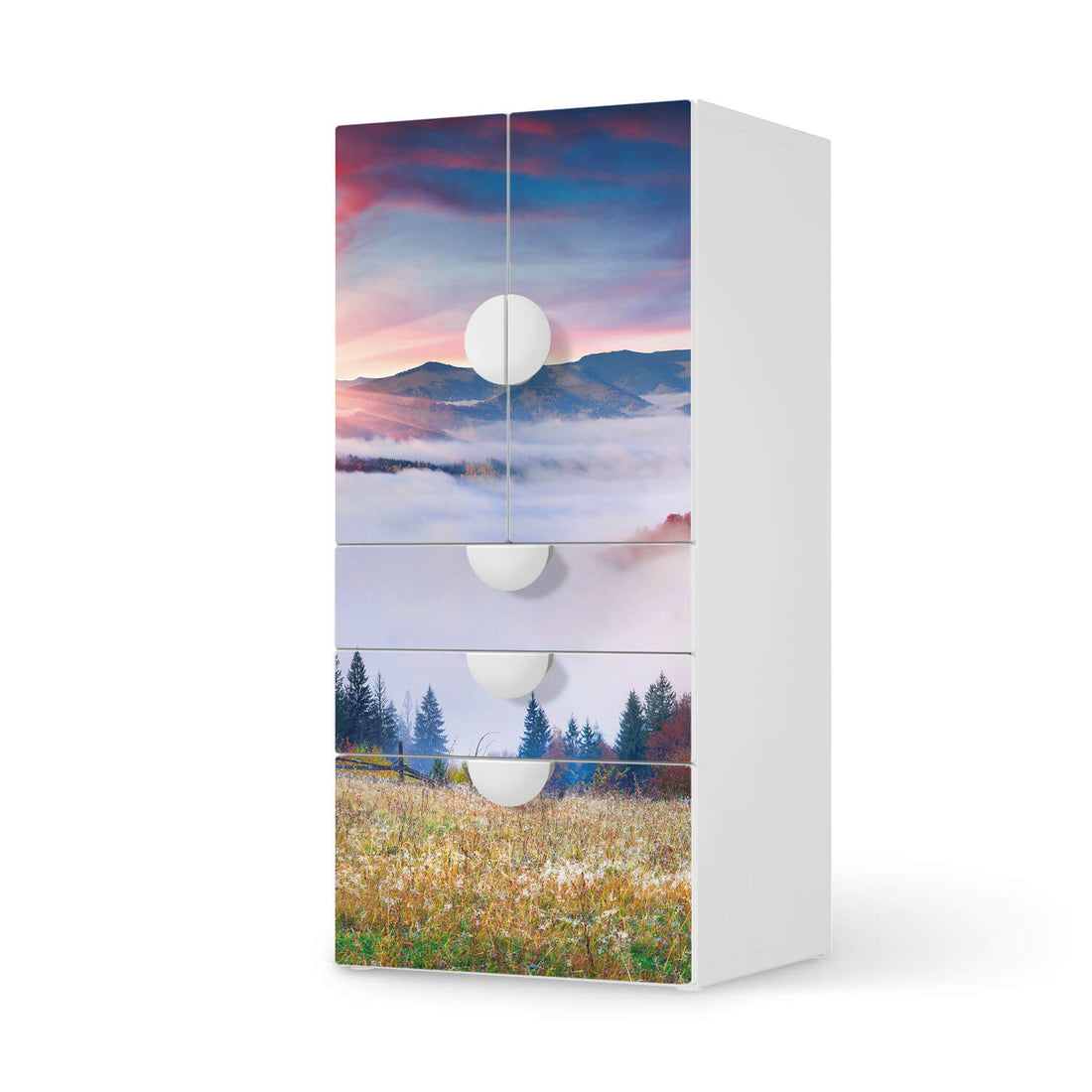 Möbelfolie Herbstwald - IKEA Smastad kombiniert - 3 Schubladen und 2 kleine Türen  - weiss