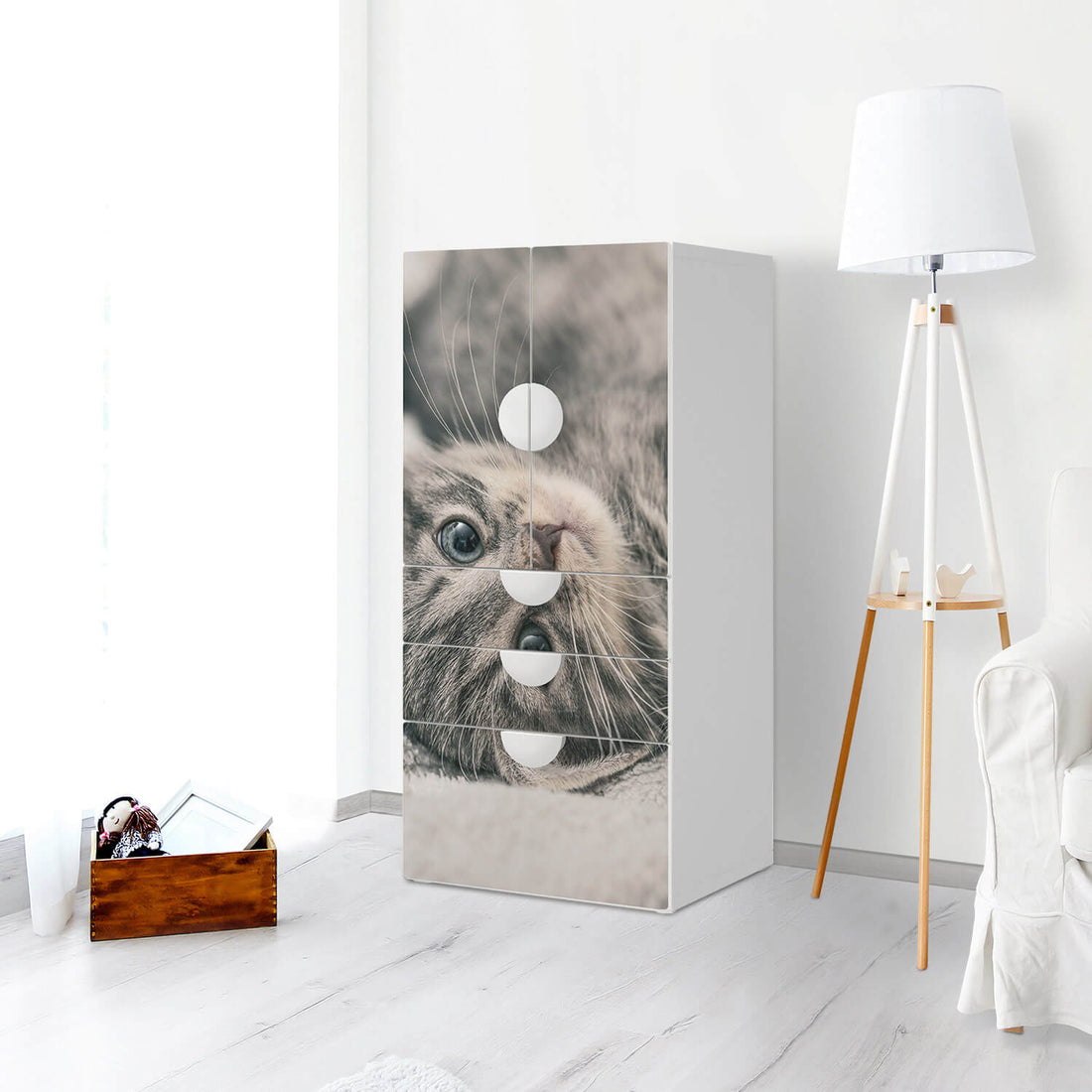 Möbelfolie Kitty the Cat - IKEA Smastad kombiniert - 3 Schubladen und 2 kleine Türen - Kinderzimmer