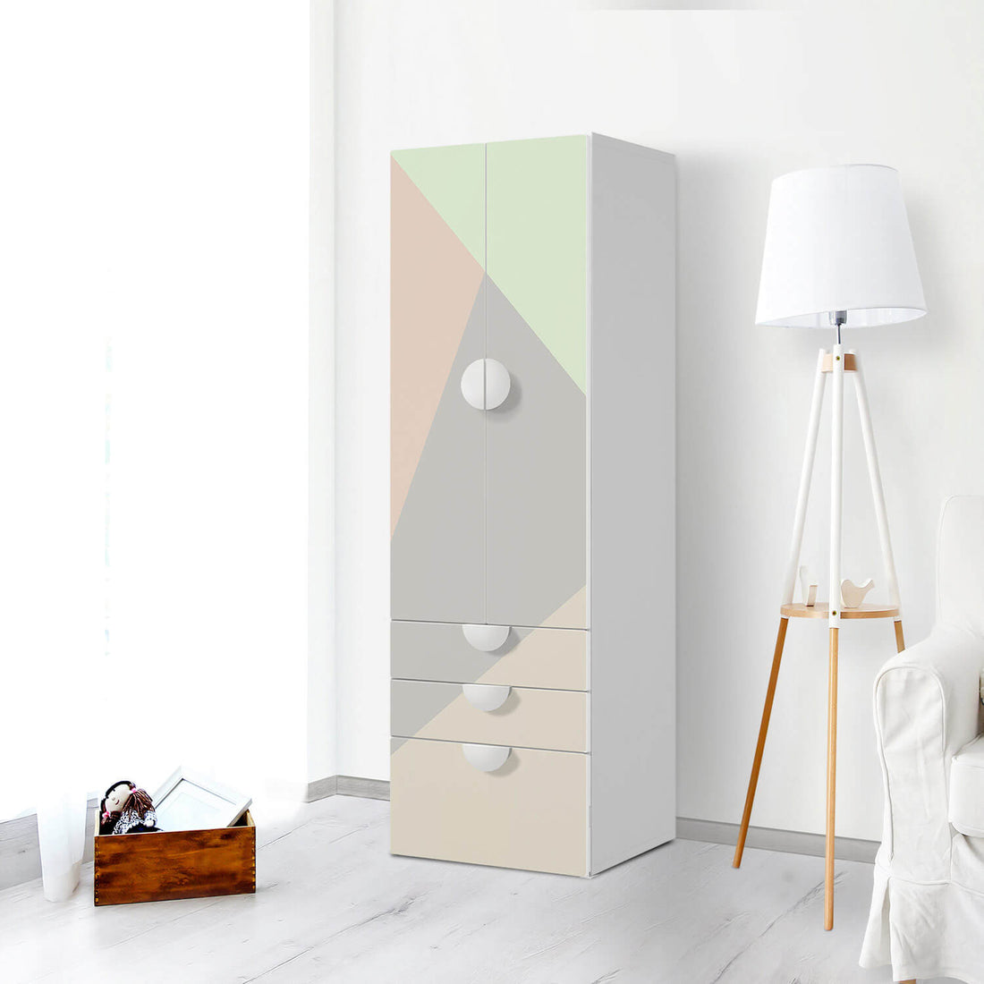 Klebefolie Pastell Geometrik - IKEA Smastad kombiniert - 3 Schubladen und 2 große Türen - Kinderzimmer