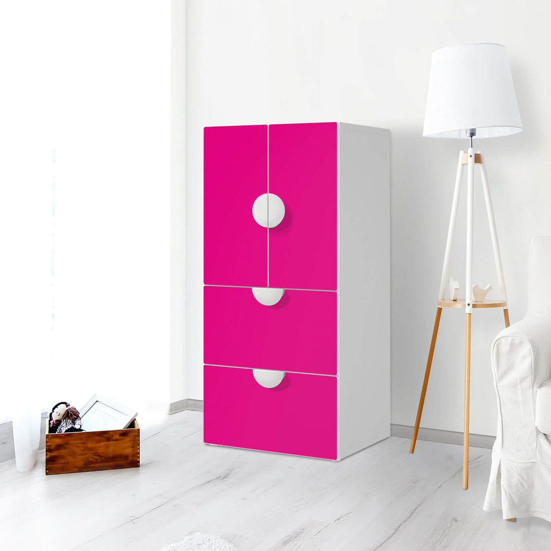 Möbelfolie Pink Dark - IKEA Smastad kombiniert - 2 Schubladen und 2 kleine Türen - Kinderzimmer