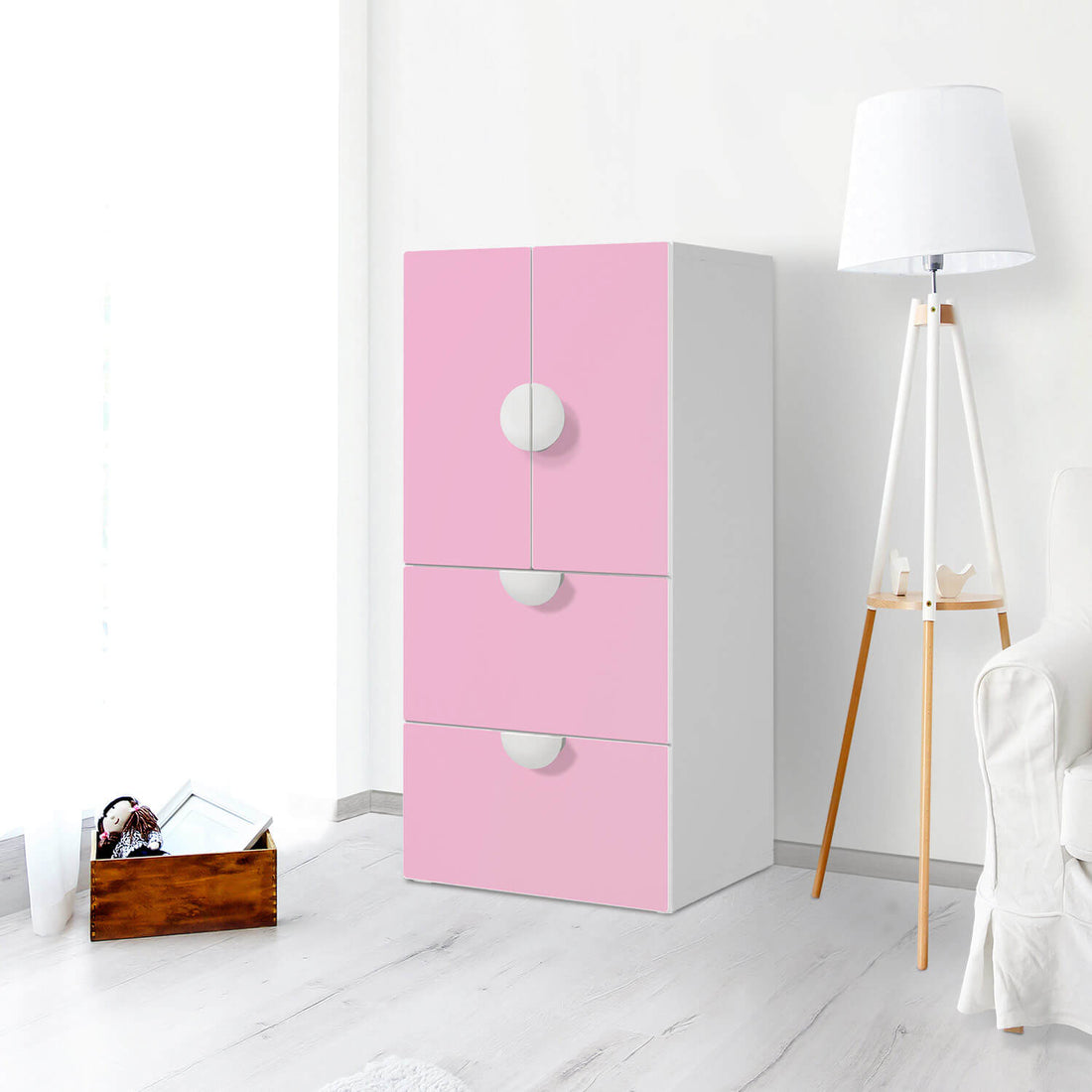Möbelfolie Pink Light - IKEA Smastad kombiniert - 2 Schubladen und 2 kleine Türen - Kinderzimmer