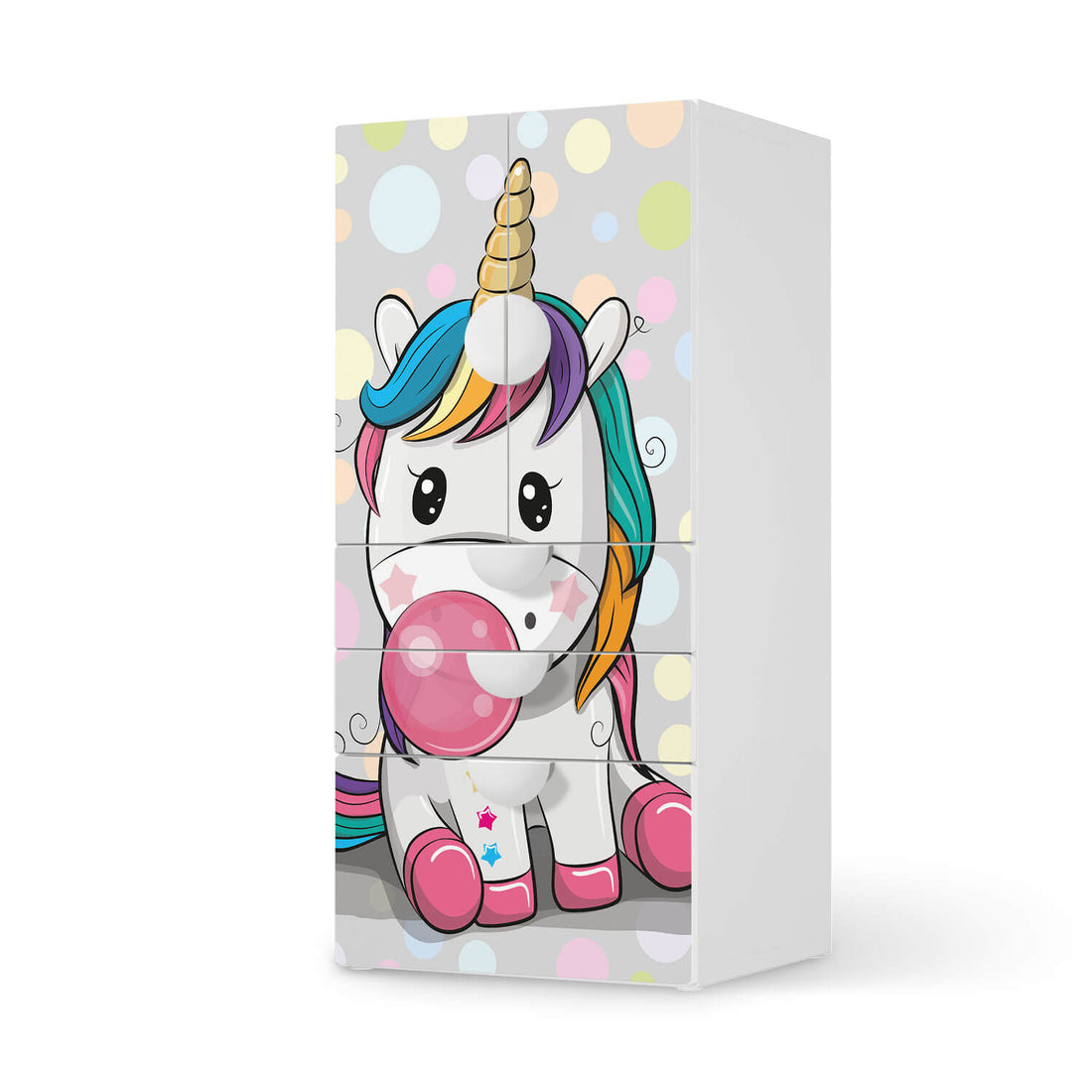 Möbelfolie Rainbow das Einhorn - IKEA Smastad kombiniert - 3 Schubladen und 2 kleine Türen  - weiss