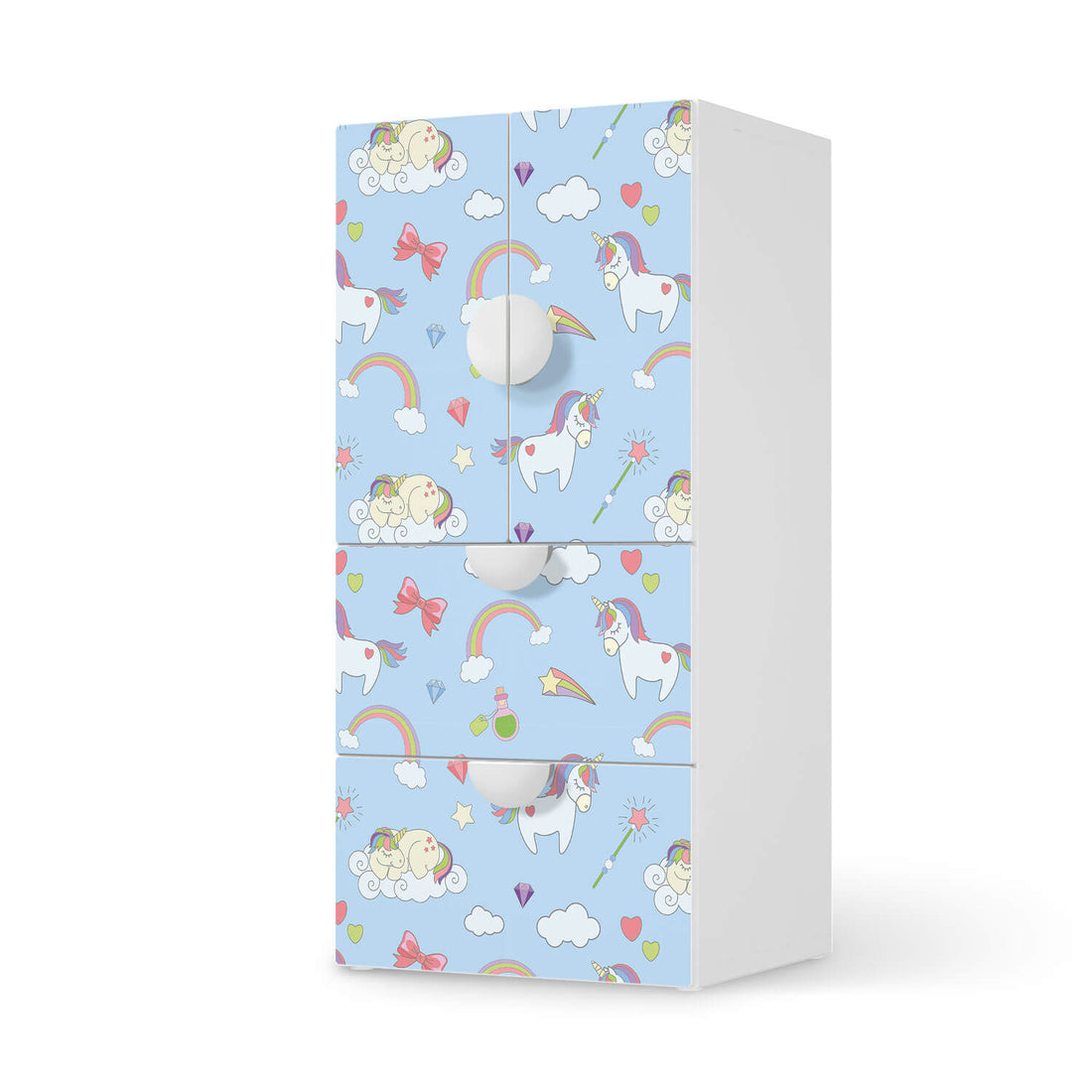 Möbelfolie Rainbow Unicorn - IKEA Smastad kombiniert - 2 Schubladen und 2 kleine Türen  - weiss