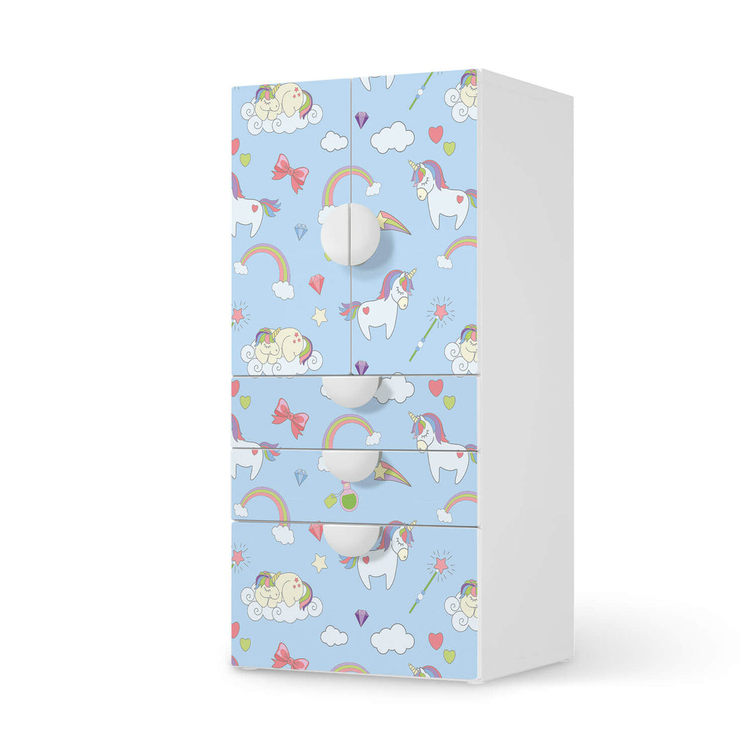 Möbelfolie Rainbow Unicorn - IKEA Smastad kombiniert - 3 Schubladen und 2 kleine Türen  - weiss