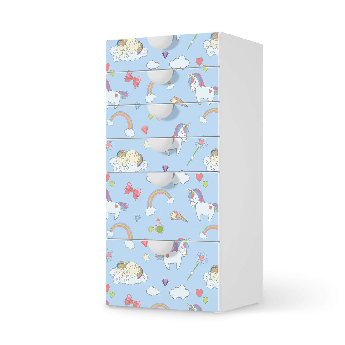 Klebefolie für Möbel Rainbow Unicorn - IKEA Smastad Kommode - 6 Schubladen  - weiss