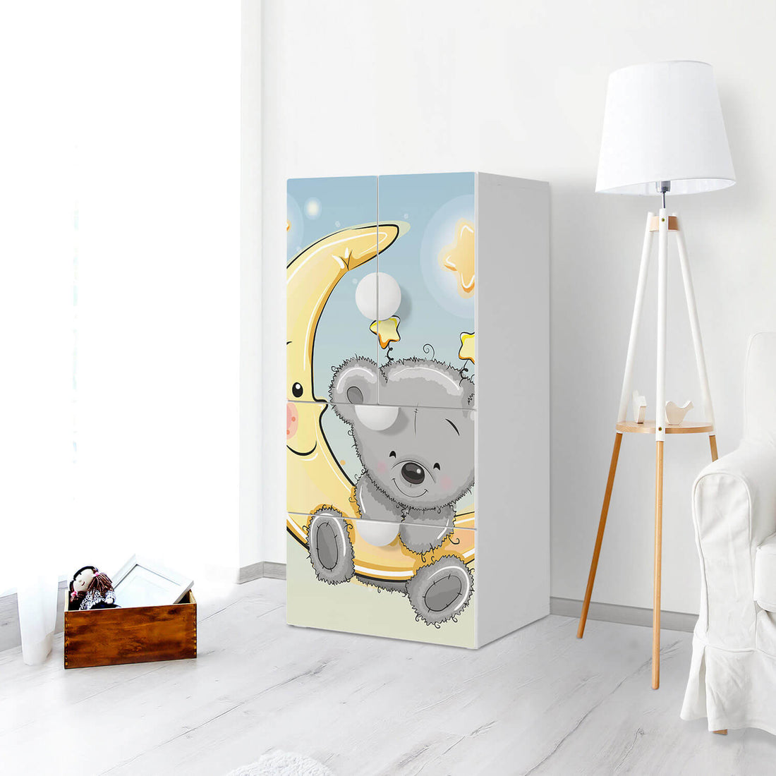 Möbelfolie Teddy und Mond - IKEA Smastad kombiniert - 2 Schubladen und 2 kleine Türen - Kinderzimmer