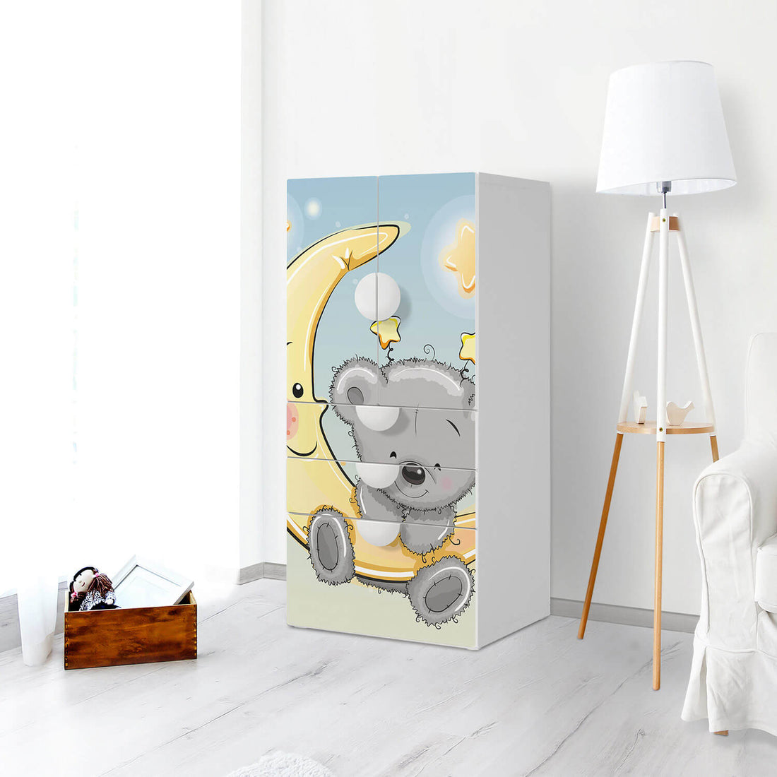 Möbelfolie Teddy und Mond - IKEA Smastad kombiniert - 3 Schubladen und 2 kleine Türen - Kinderzimmer