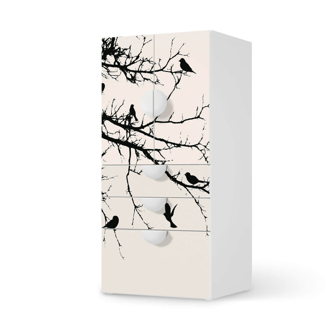 Möbelfolie Tree and Birds 1 - IKEA Smastad kombiniert - 3 Schubladen und 2 kleine Türen  - weiss