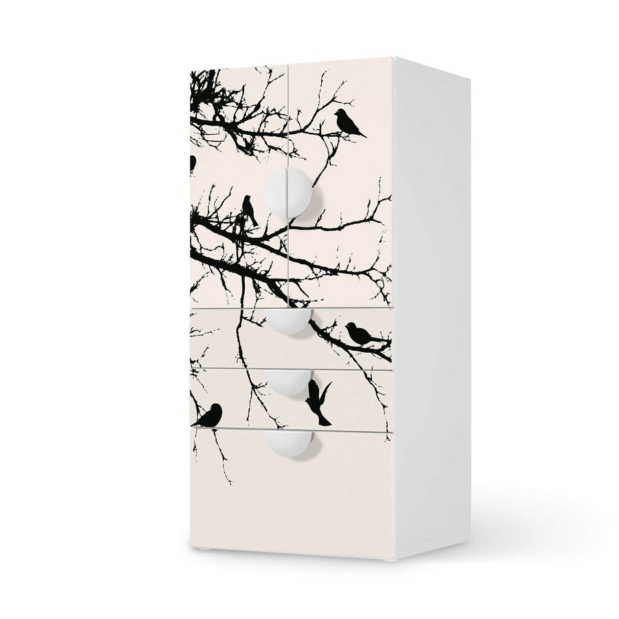 Möbelfolie Tree and Birds 1 - IKEA Smastad kombiniert - 3 Schubladen und 2 kleine Türen  - weiss