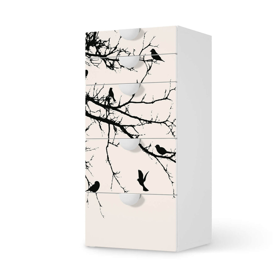 Möbel Klebefolie Tree and Birds 1 - IKEA Smastad Kommode - 5 Schubladen  - weiss