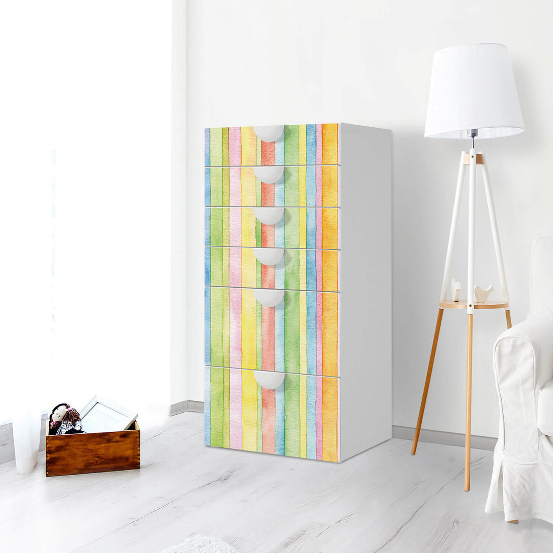 Klebefolie für Möbel Watercolor Stripes - IKEA Smastad Kommode - 6 Schubladen - Kinderzimmer