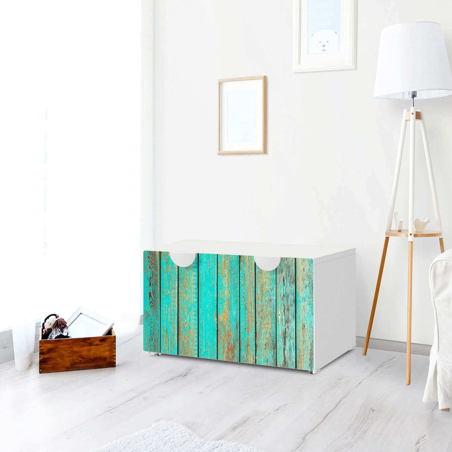 Möbelfolie Wooden Aqua - IKEA Smastad Bank mit Kasten - Kinderzimmer