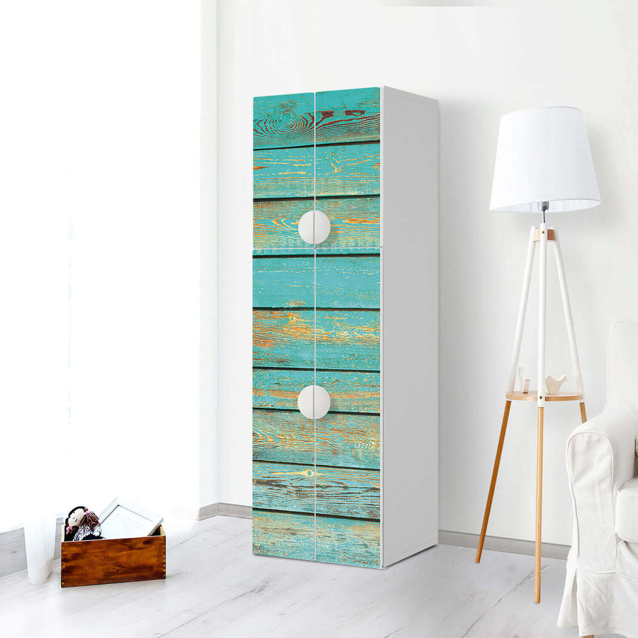Selbstklebende Folie Wooden Aqua - IKEA Smastad kombiniert - 2 große Türen und 2 kleine Türen - Kinderzimmer