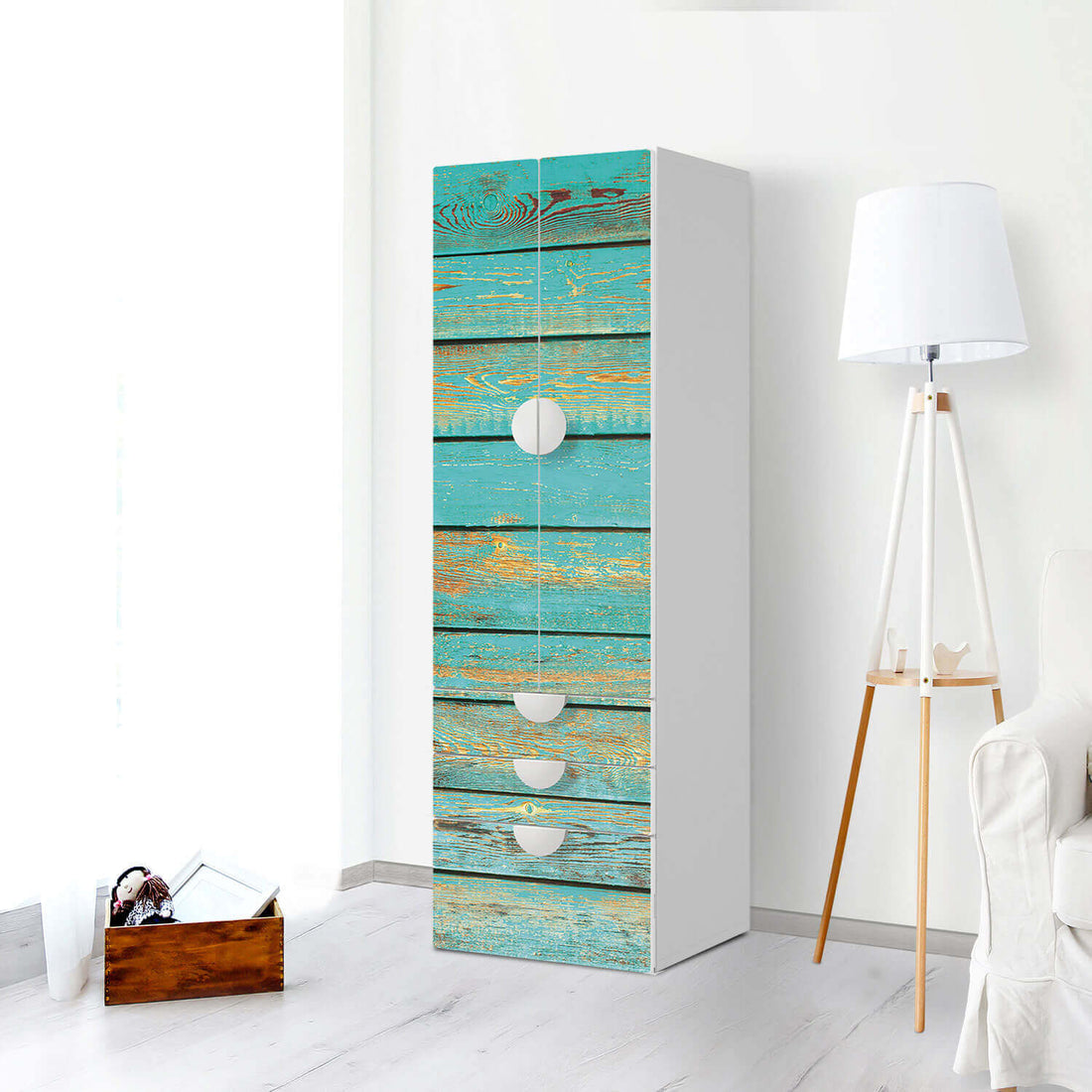 Klebefolie Wooden Aqua - IKEA Smastad kombiniert - 3 Schubladen und 2 große Türen - Kinderzimmer