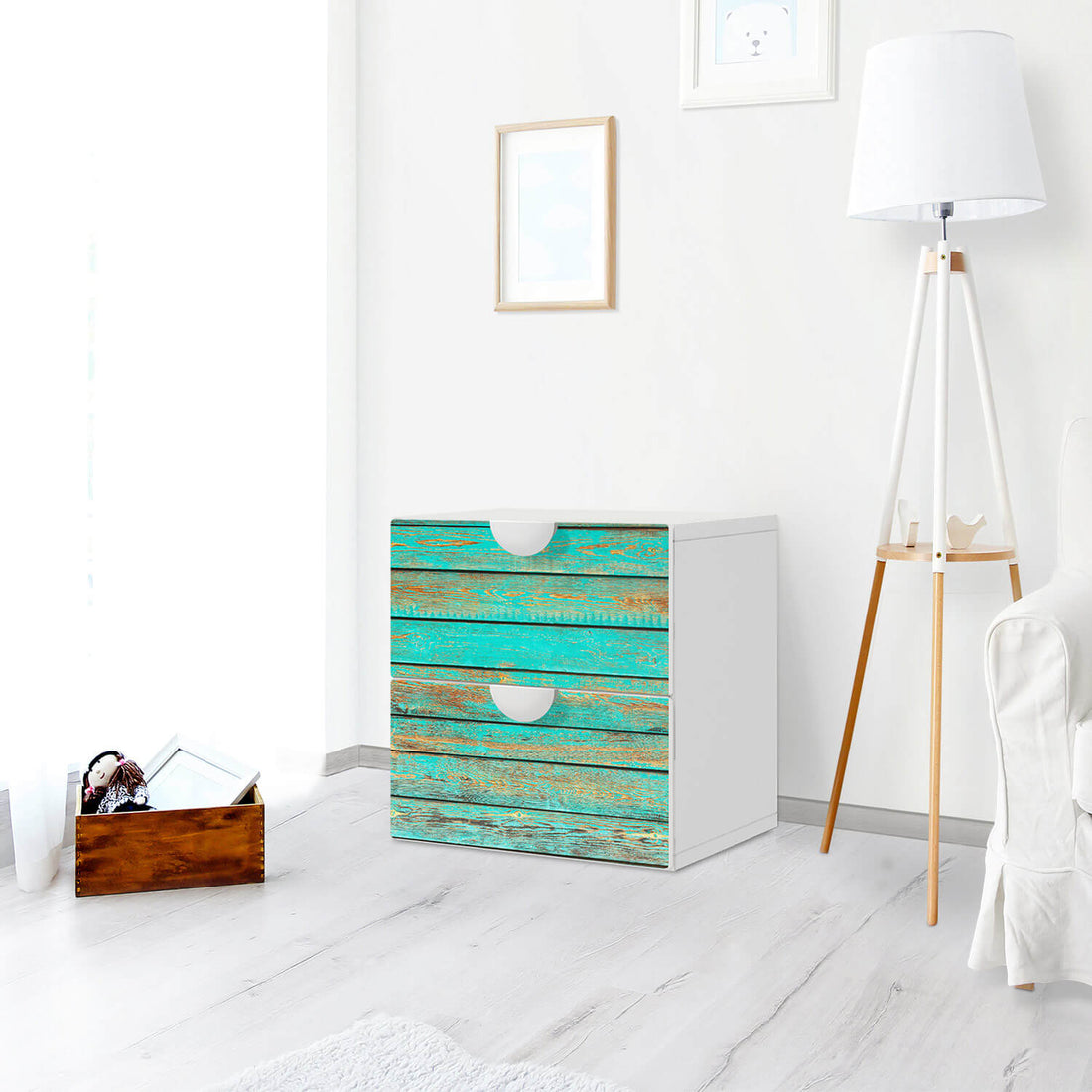 Klebefolie für Möbel Wooden Aqua - IKEA Smastad Kommode - 2 Schubladen - Kinderzimmer