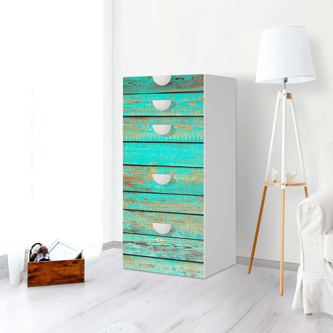Möbel Klebefolie Wooden Aqua - IKEA Smastad Kommode - 5 Schubladen - Kinderzimmer