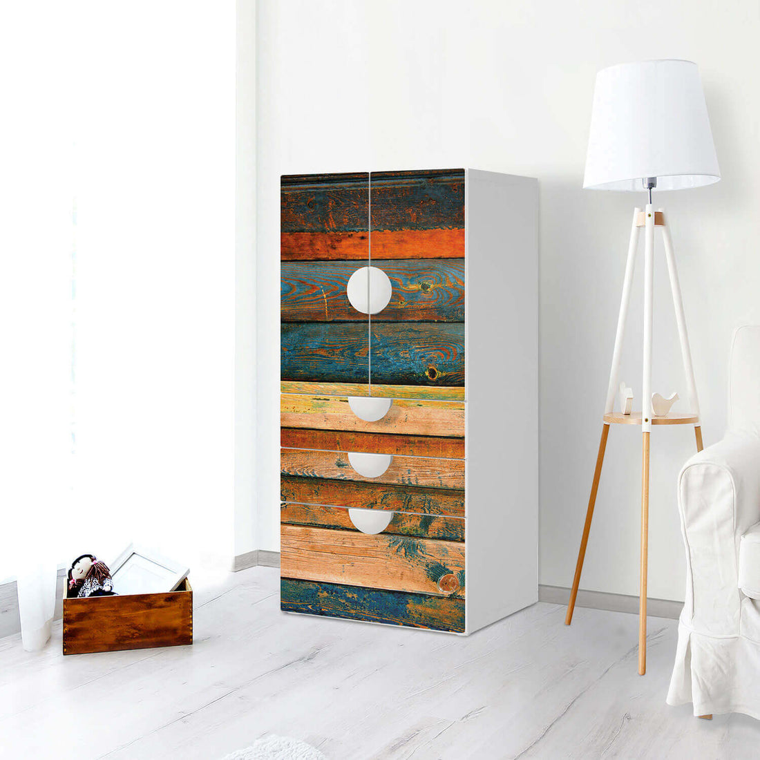 Möbelfolie Wooden - IKEA Smastad kombiniert - 3 Schubladen und 2 kleine Türen - Kinderzimmer