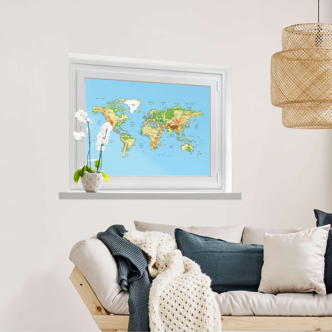 Fensterfolie [quer] Geografische Weltkarte  - Wohnzimmer100cm x 70cm