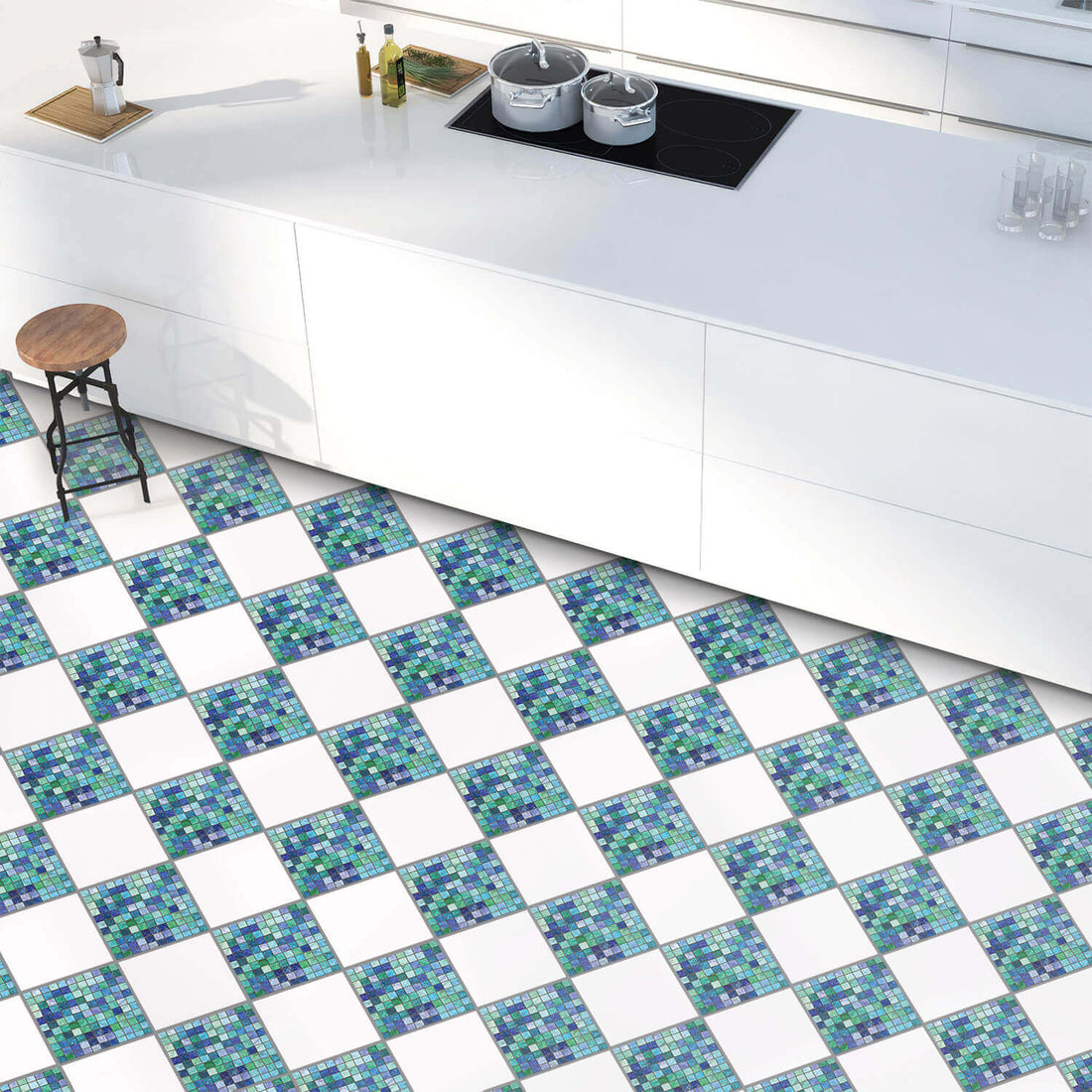 Fliesenaufkleber Boden Küche - Mosaik Grün-Blau