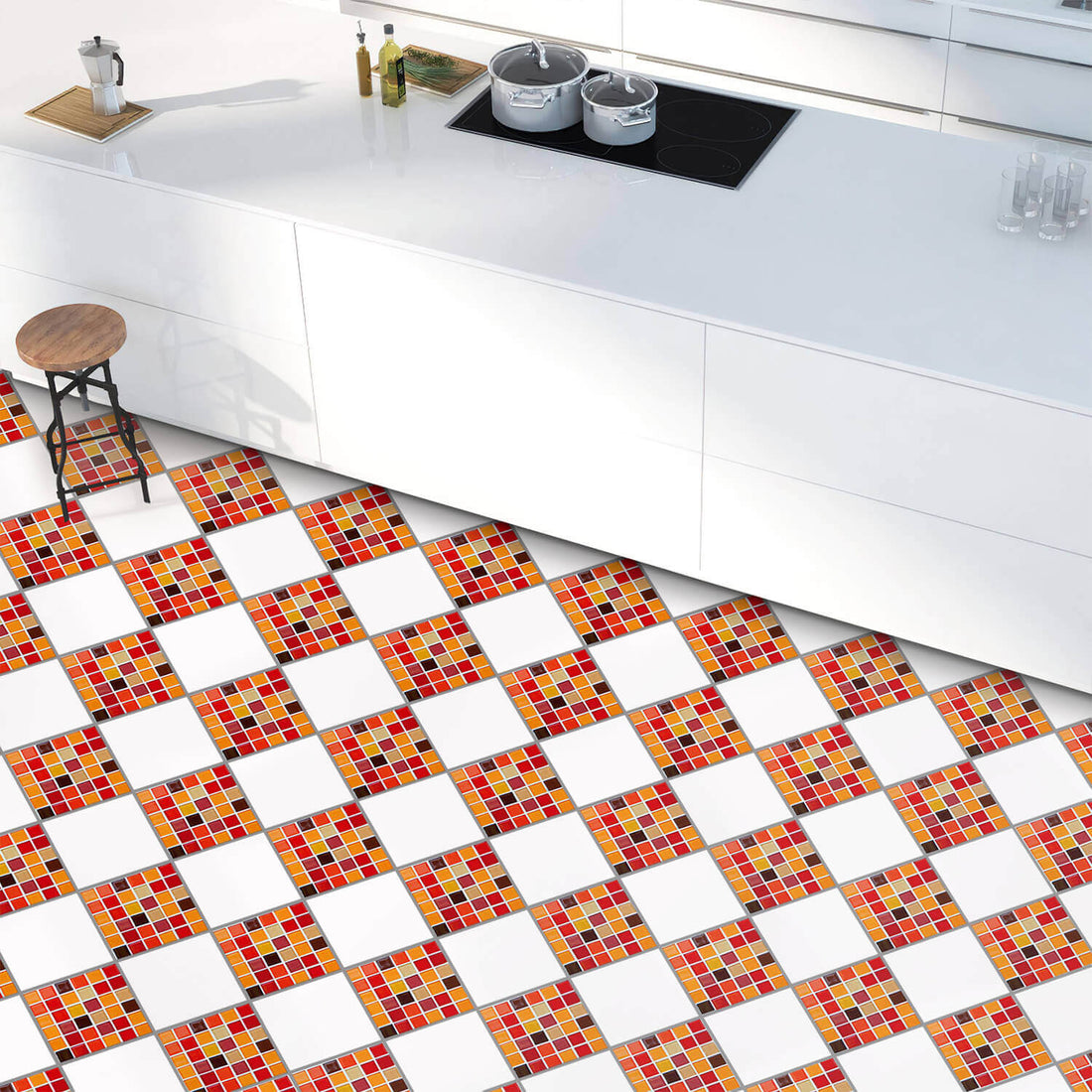 Fliesenaufkleber Boden Küche - Mosaik Rot-Orange