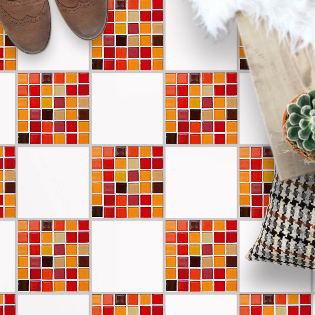 Fliesenaufkleber Boden Muster - Mosaik Rot-Orange