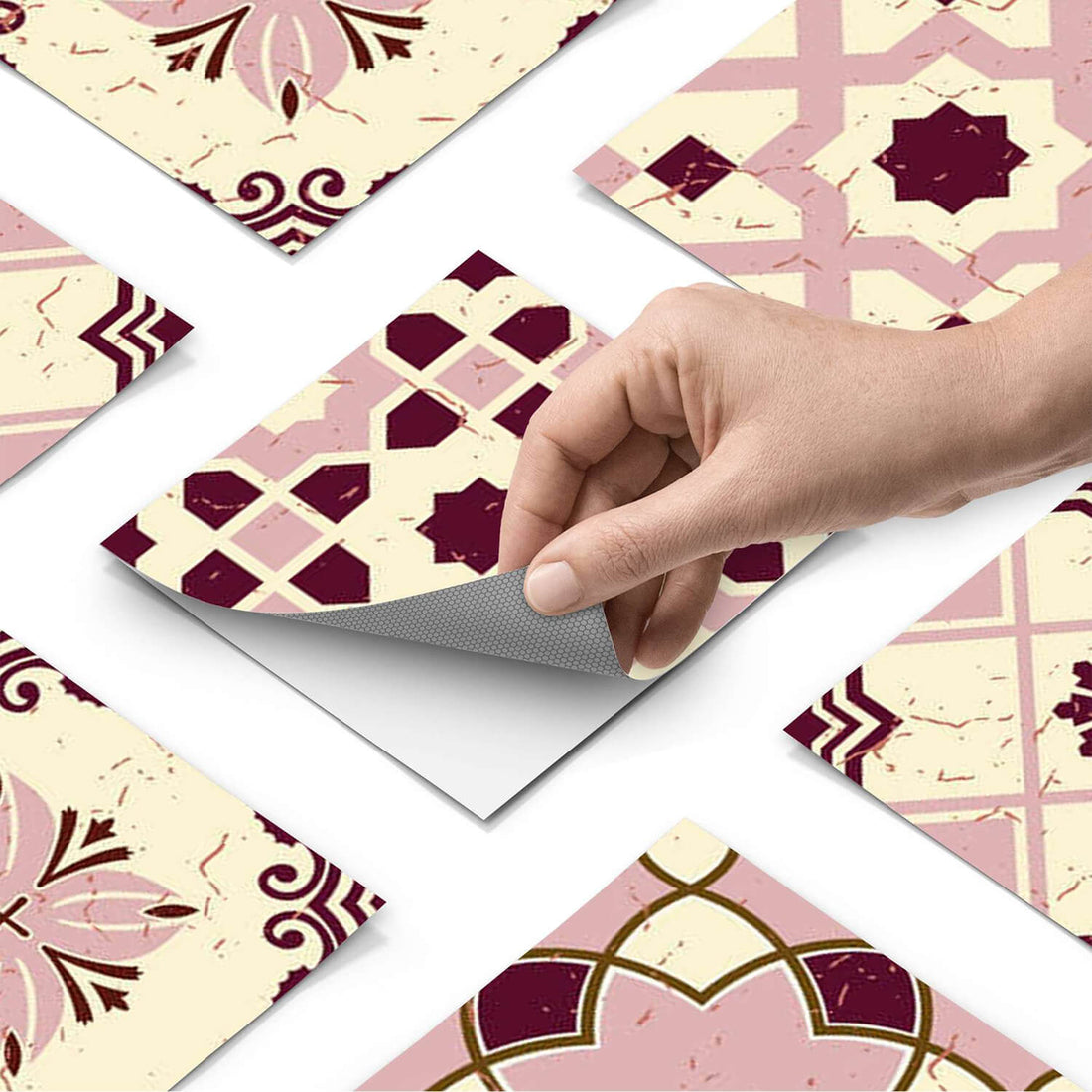 Fliesenaufkleber Boden (selbstklebend) - Mediterranean Tile Set - Red Purple