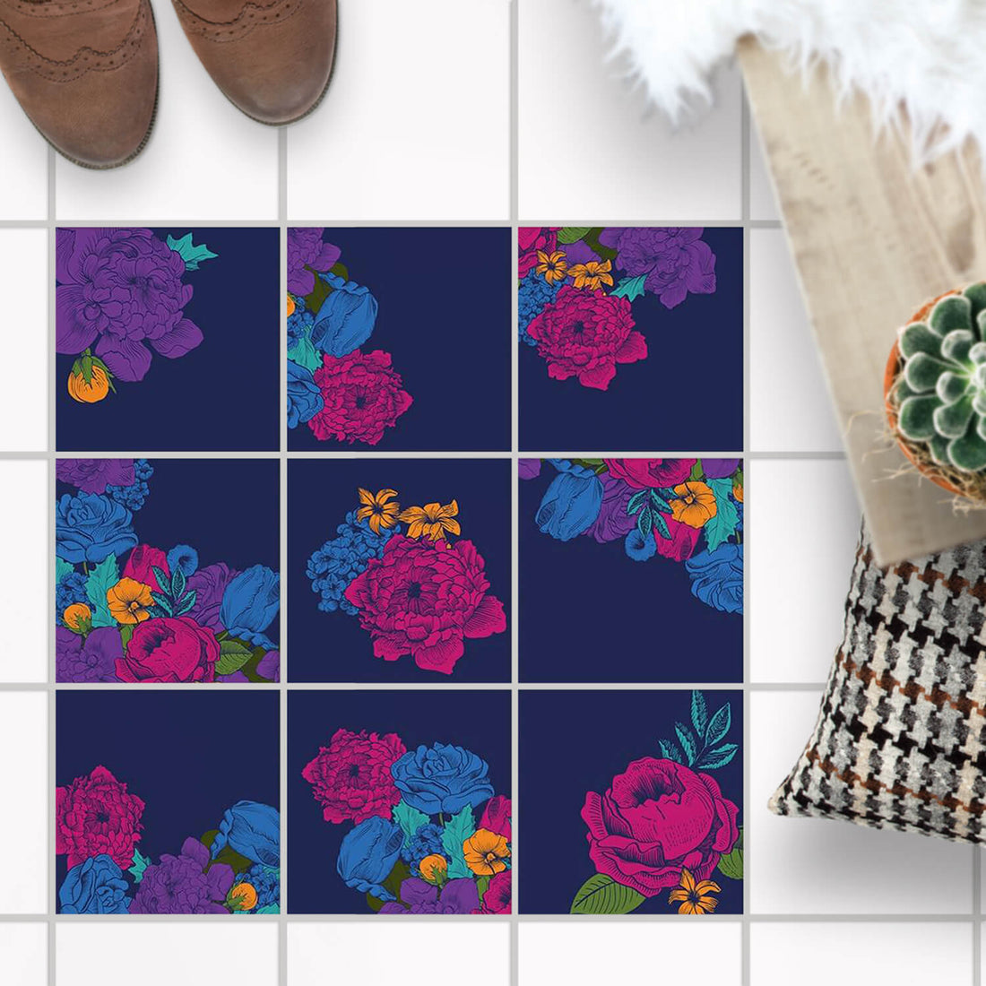 Fliesenaufkleber Boden Set - Blumenmuster