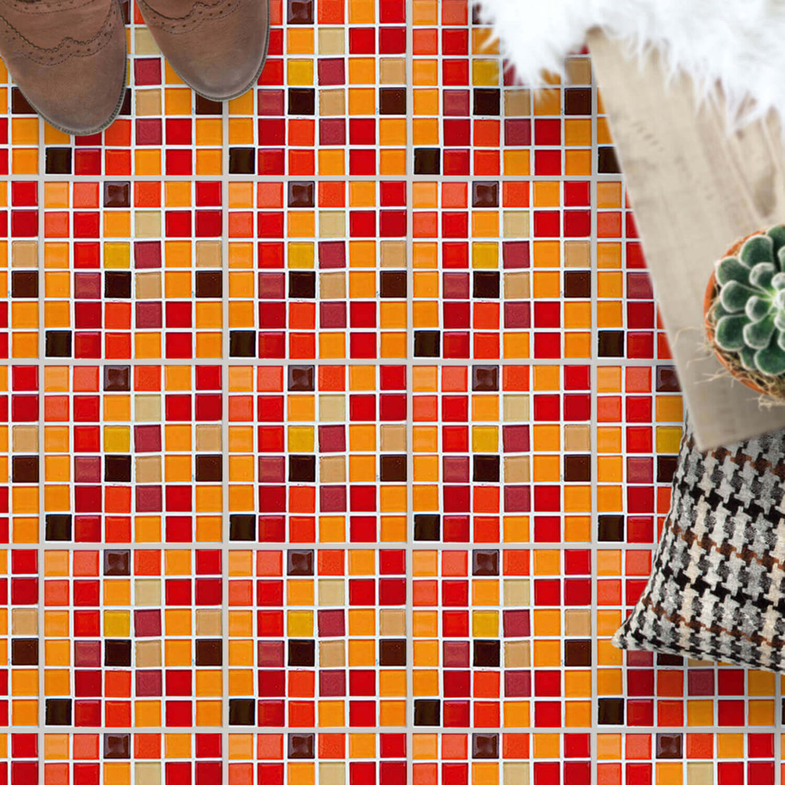 Fliesenaufkleber Boden - Vollflächig - Mosaik Rot-Orange