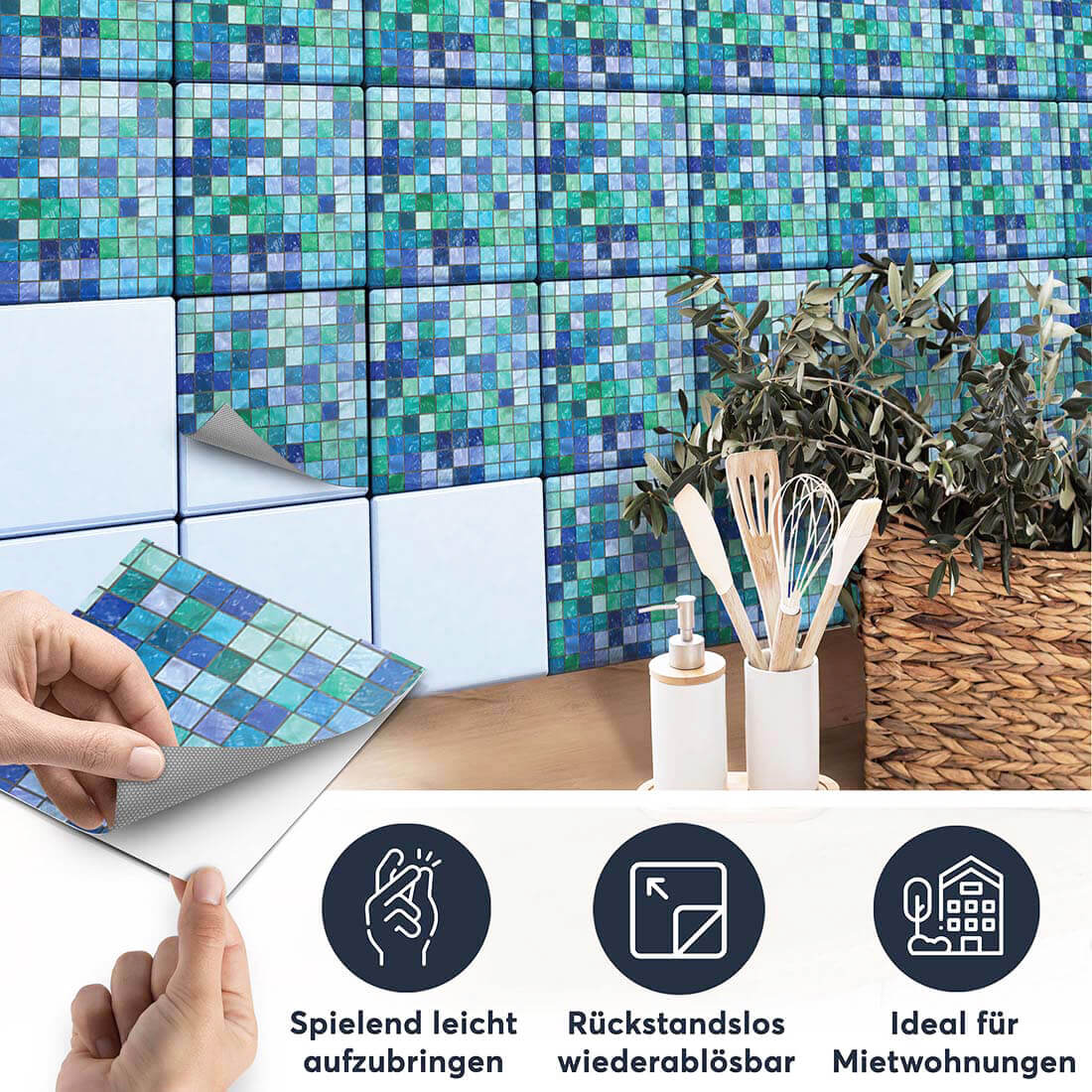 Fliesenaufkleber Küche Aufbringen - Mosaik Grün-Blau