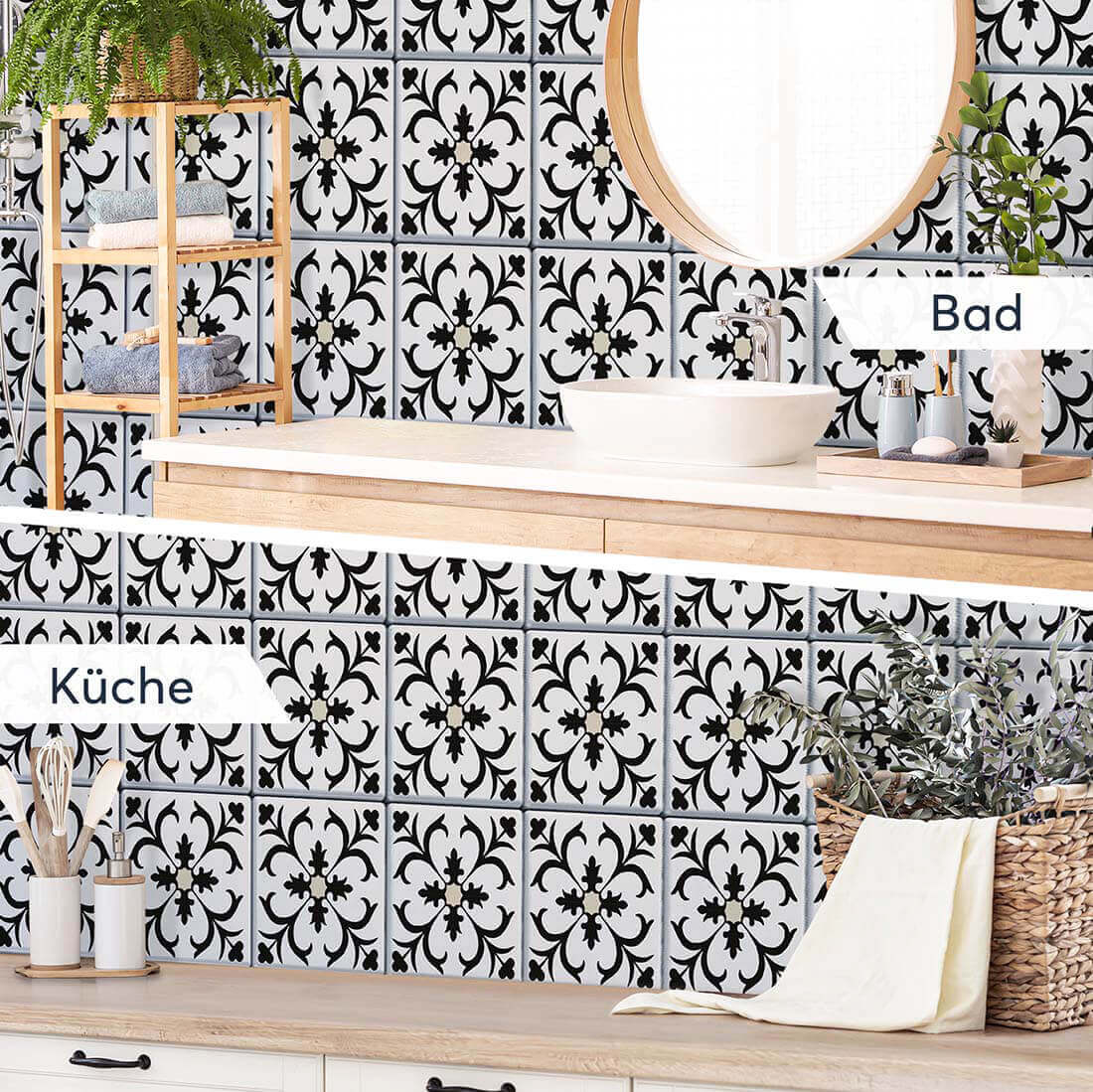 Fliesenaufkleber rechteckig Küche Bad - Black Flower Pattern