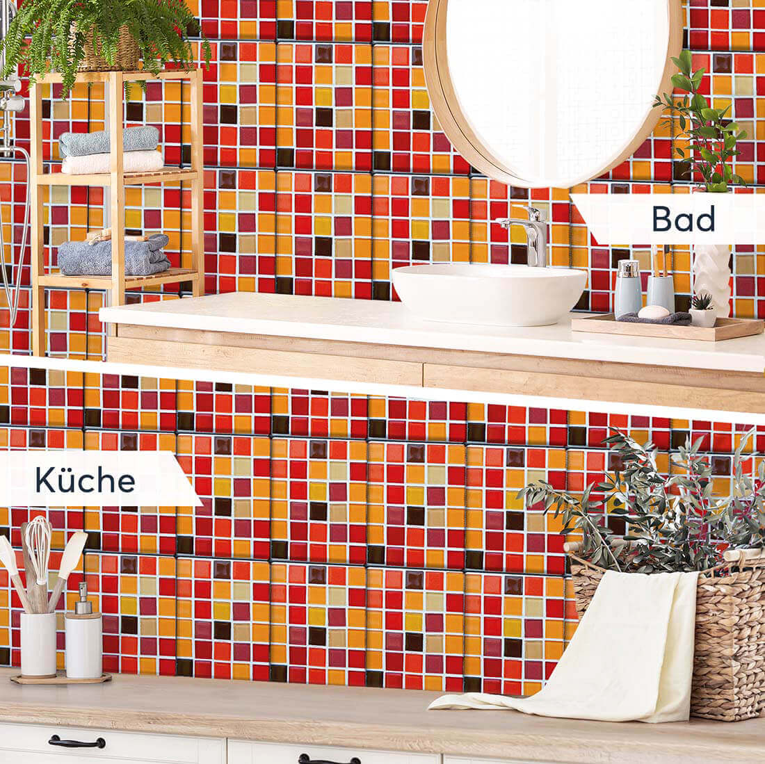 Fliesenaufkleber rechteckig Küche Bad - Mosaik Rot-Orange
