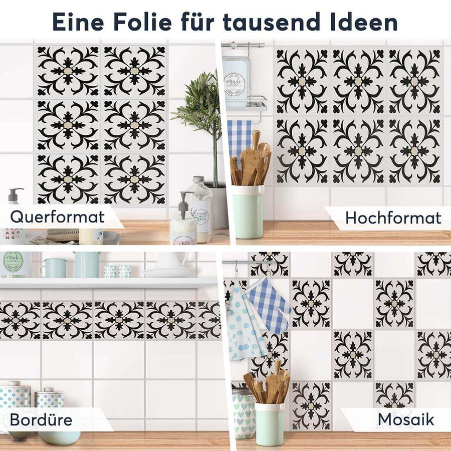 Fliesenaufkleber rechteckig Selbstklebend Anwendung - Black Flower Pattern