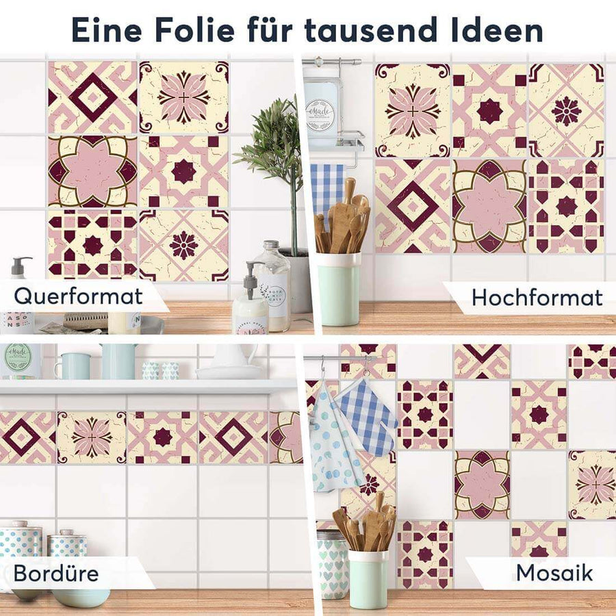 Fliesenaufkleber rechteckig Selbstklebend Anwendung - Mediterranean Tile Set - Red Purple