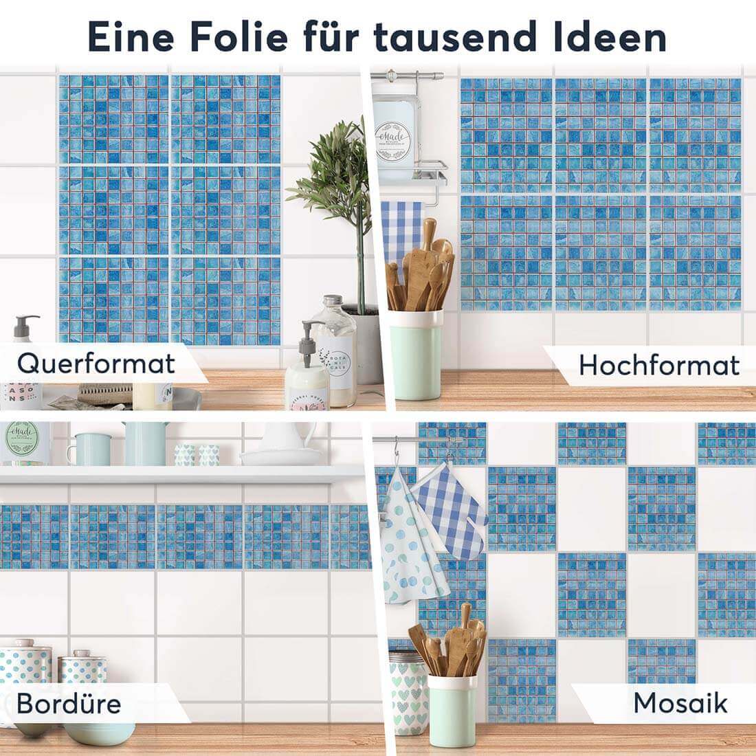 Fliesenaufkleber rechteckig Selbstklebend Anwendung - Mosaik Blau