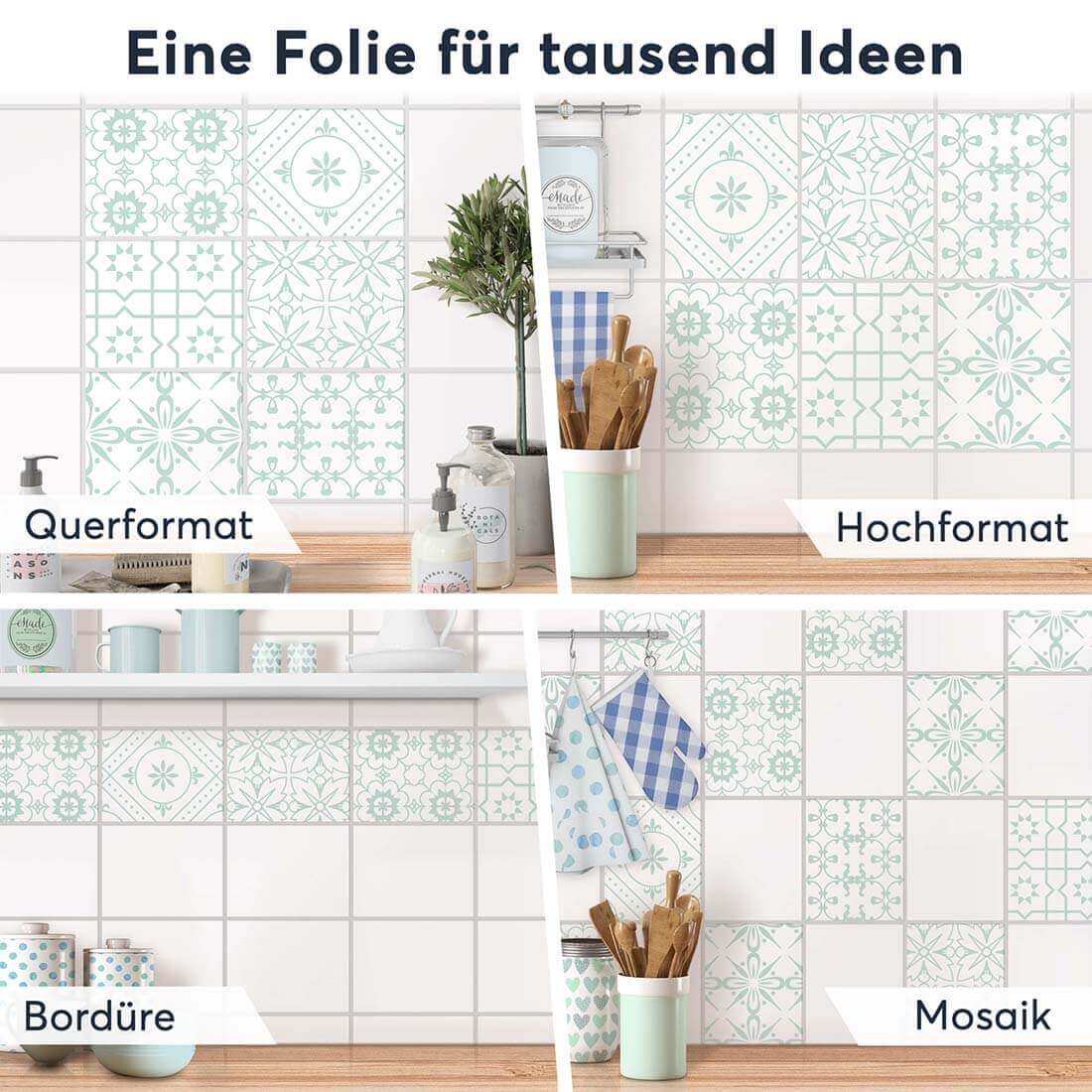 Fliesenaufkleber rechteckig Selbstklebend Anwendung - Türkise Ornamente