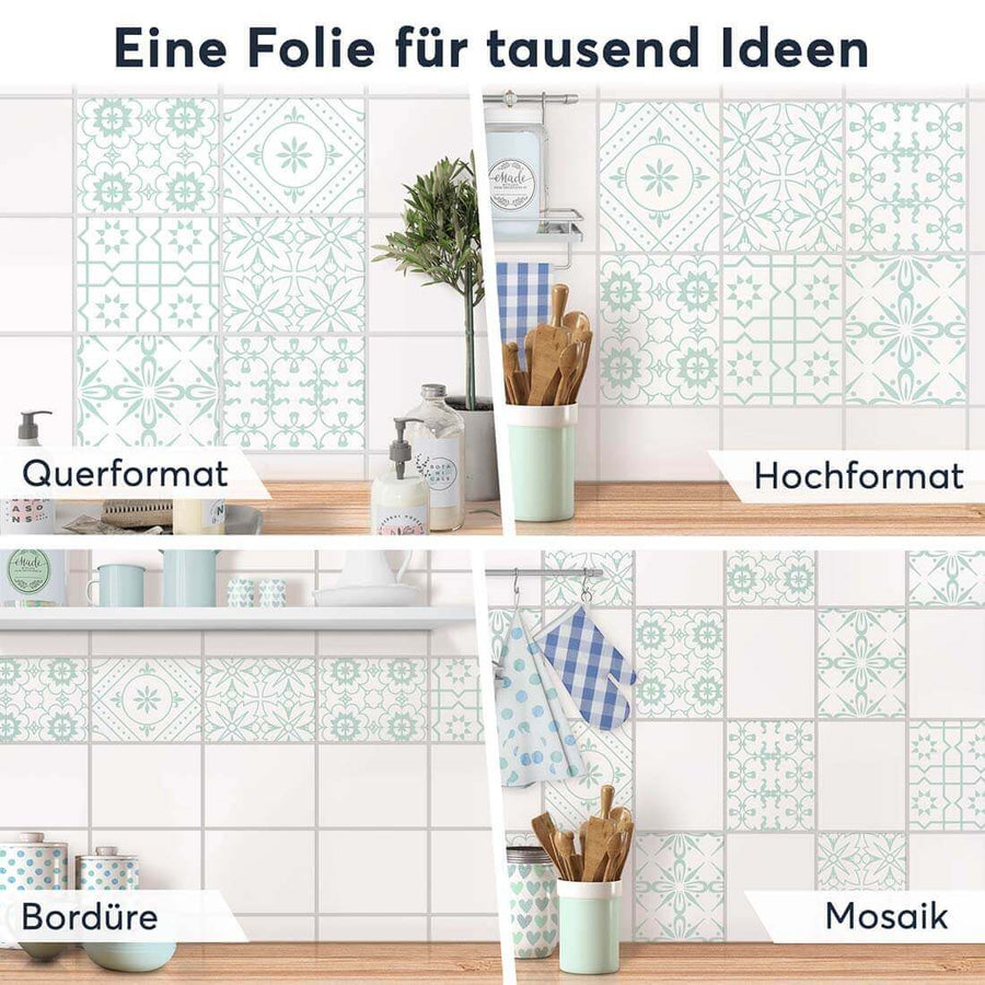 Fliesenaufkleber rechteckig Selbstklebend Anwendung - Türkise Ornamente