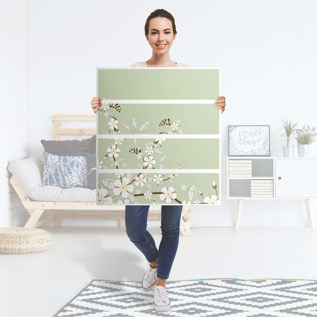 Folie für Möbel White Blossoms - IKEA Malm Kommode 4 Schubladen - Folie