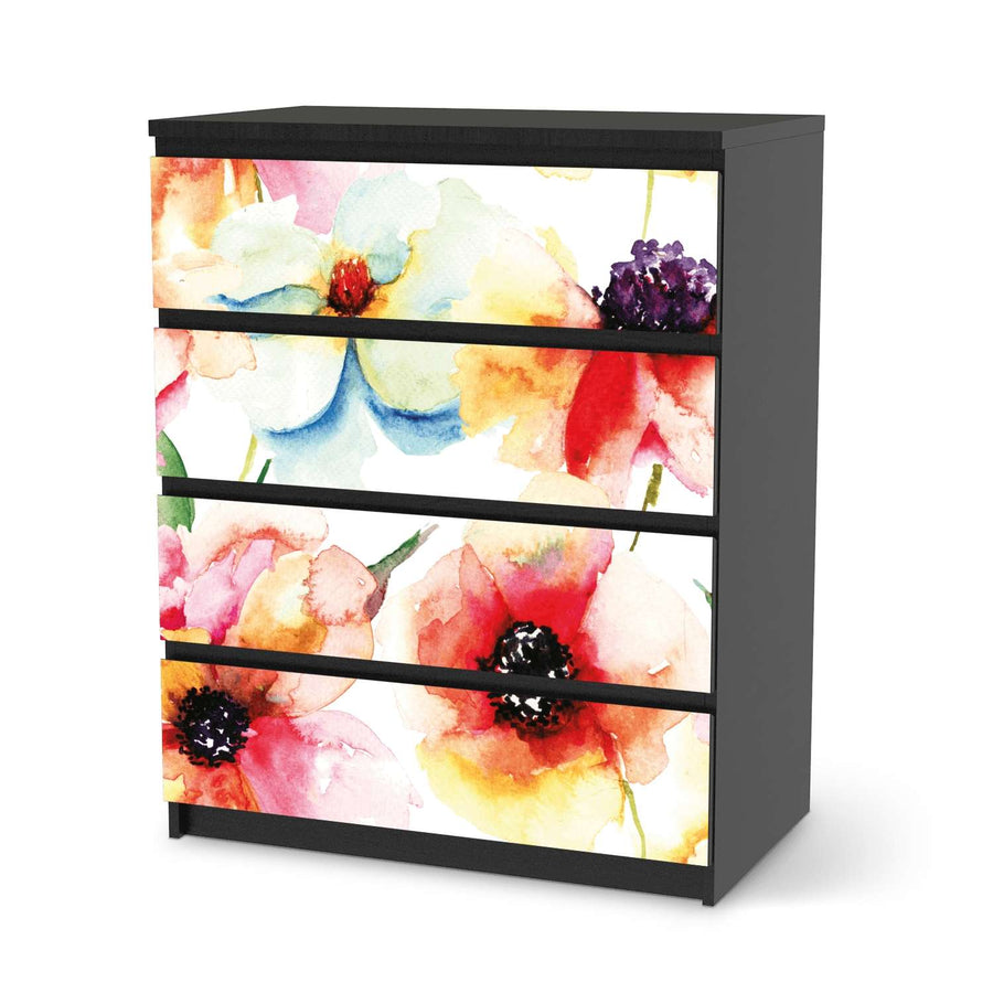 Folie für Möbel Water Color Flowers - IKEA Malm Kommode 4 Schubladen - schwarz
