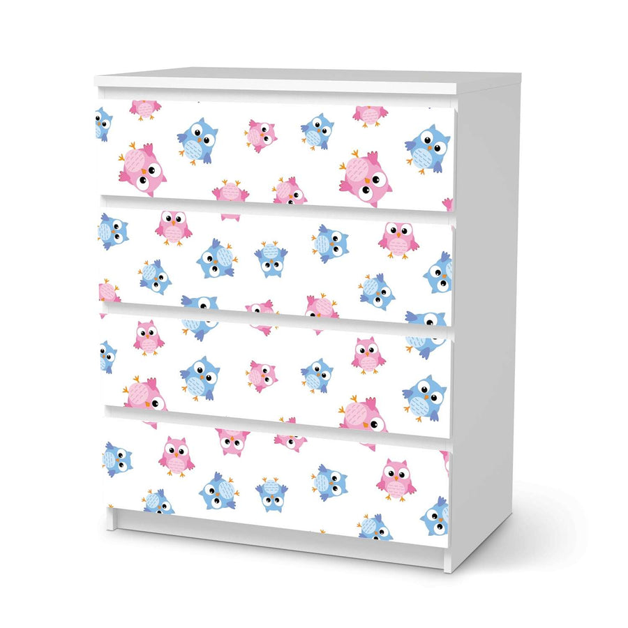 Folie für Möbel Eulenparty - IKEA Malm Kommode 4 Schubladen  - weiss