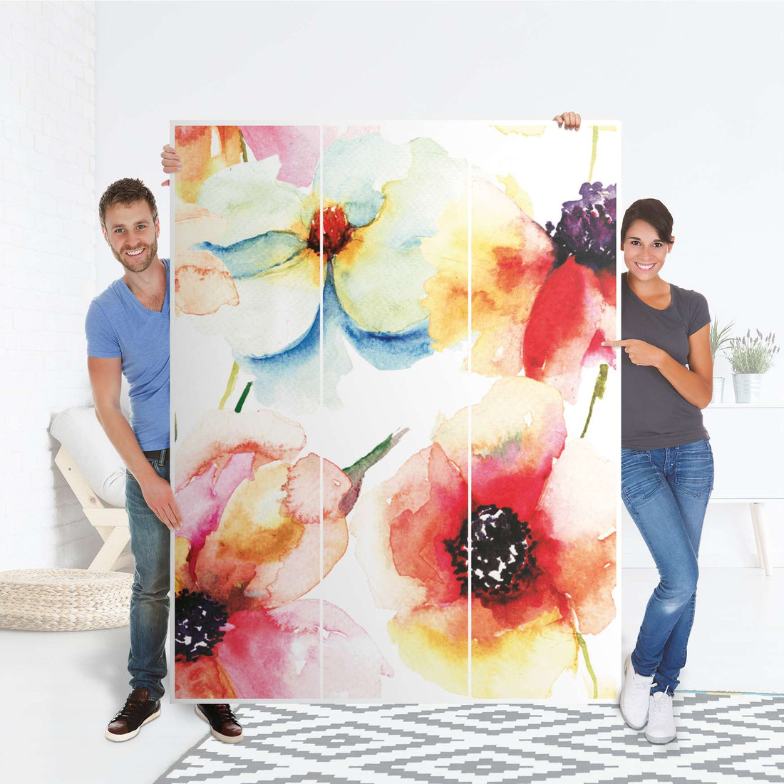 Folie für Möbel Water Color Flowers - IKEA Pax Schrank 201 cm Höhe - 3 Türen - Folie