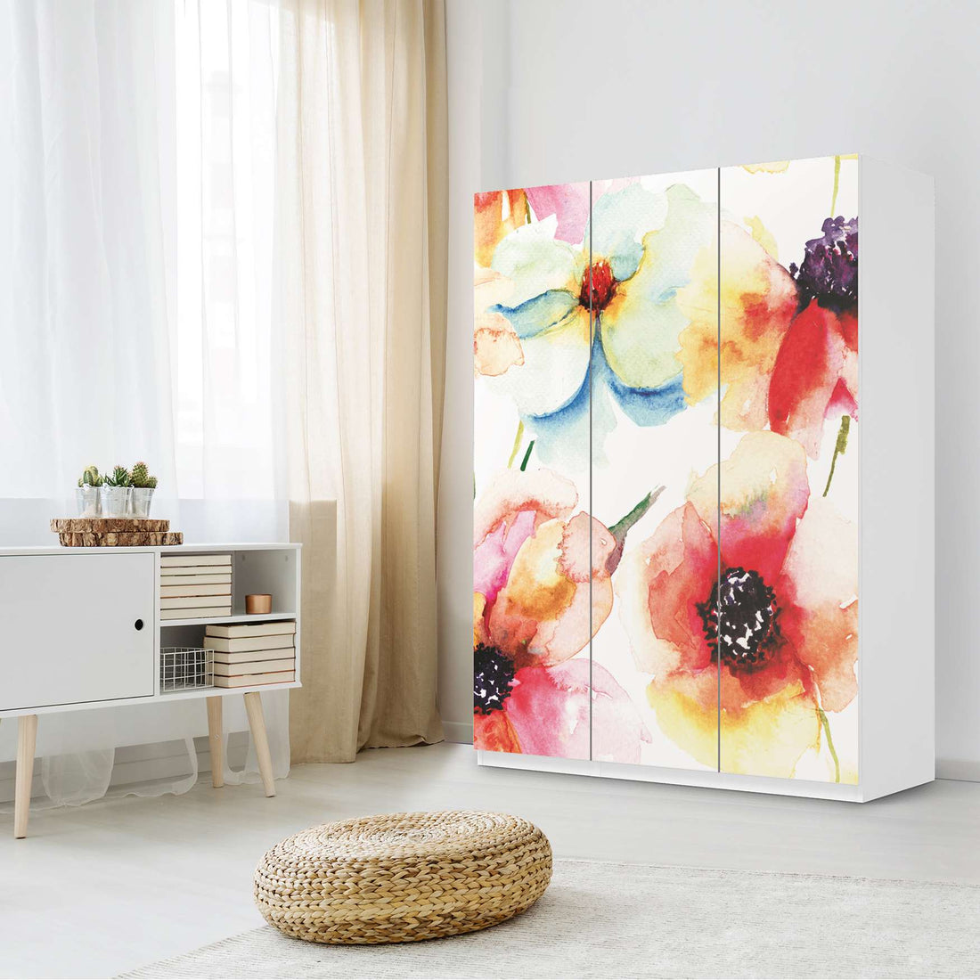 Folie für Möbel Water Color Flowers - IKEA Pax Schrank 201 cm Höhe - 3 Türen - Schlafzimmer