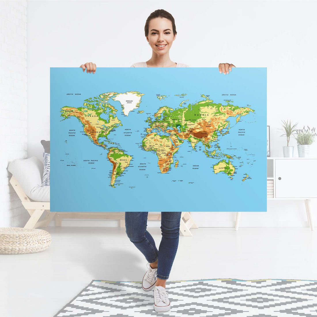 Selbstklebender Folienbogen Geografische Weltkarte - Größe: 120x80 cm